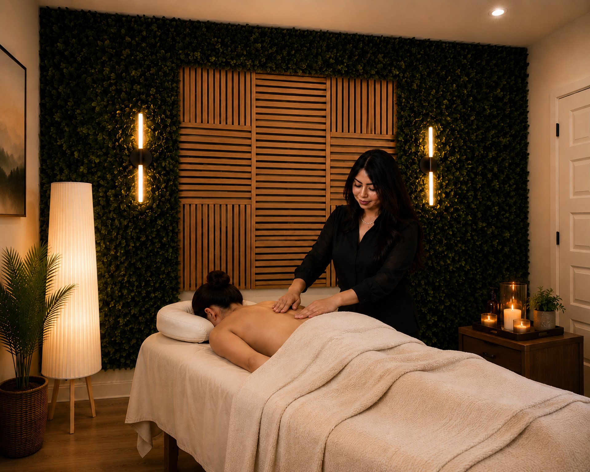 a woman laying on a bed with hot stones on her back