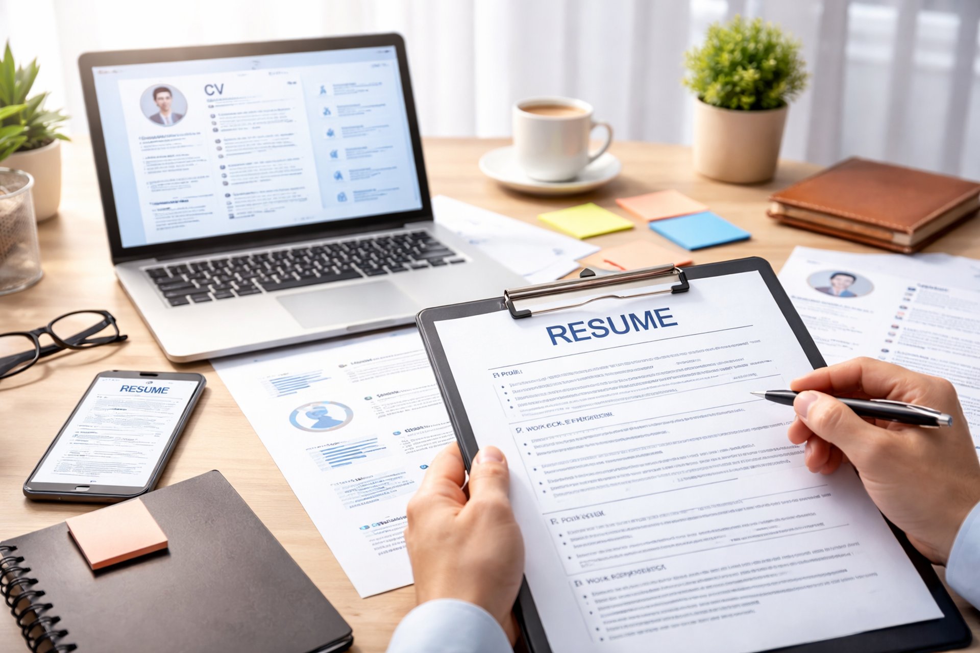 Consultor revisando currículums en papel y en la computadora portátil, en su escritorio de trabajo.