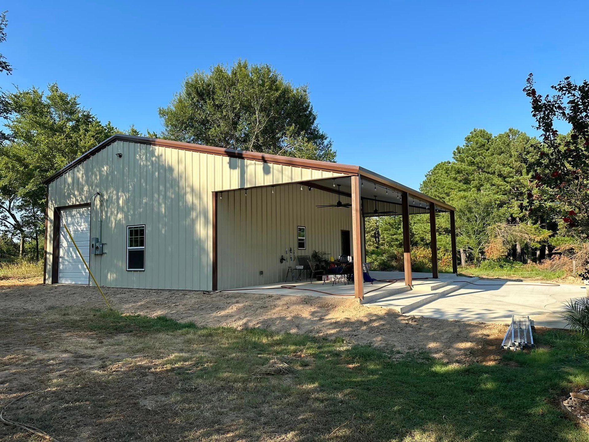 Cream Color Metal Shed with Patio