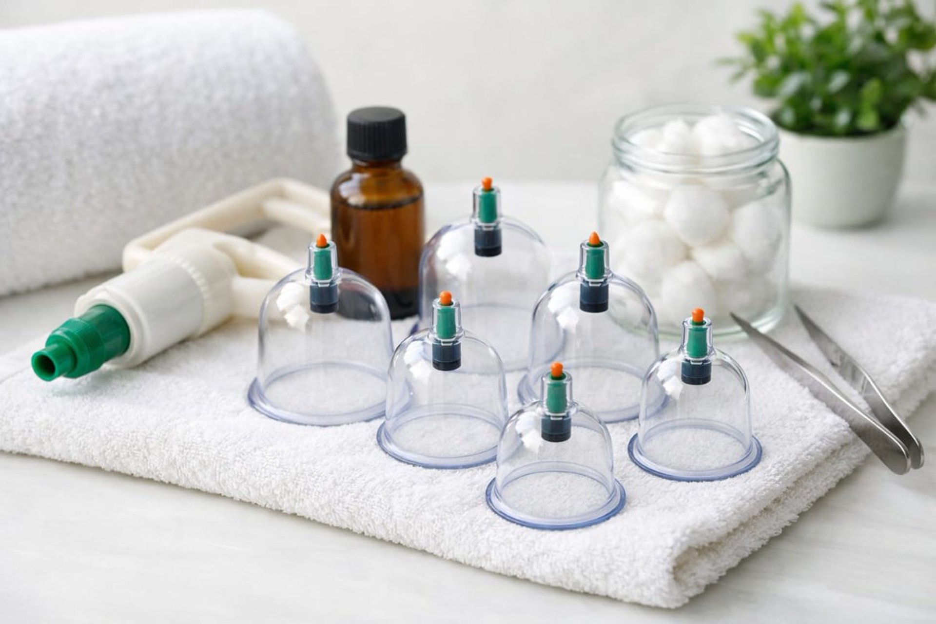 Cupping therapy is being performed on someone's back.