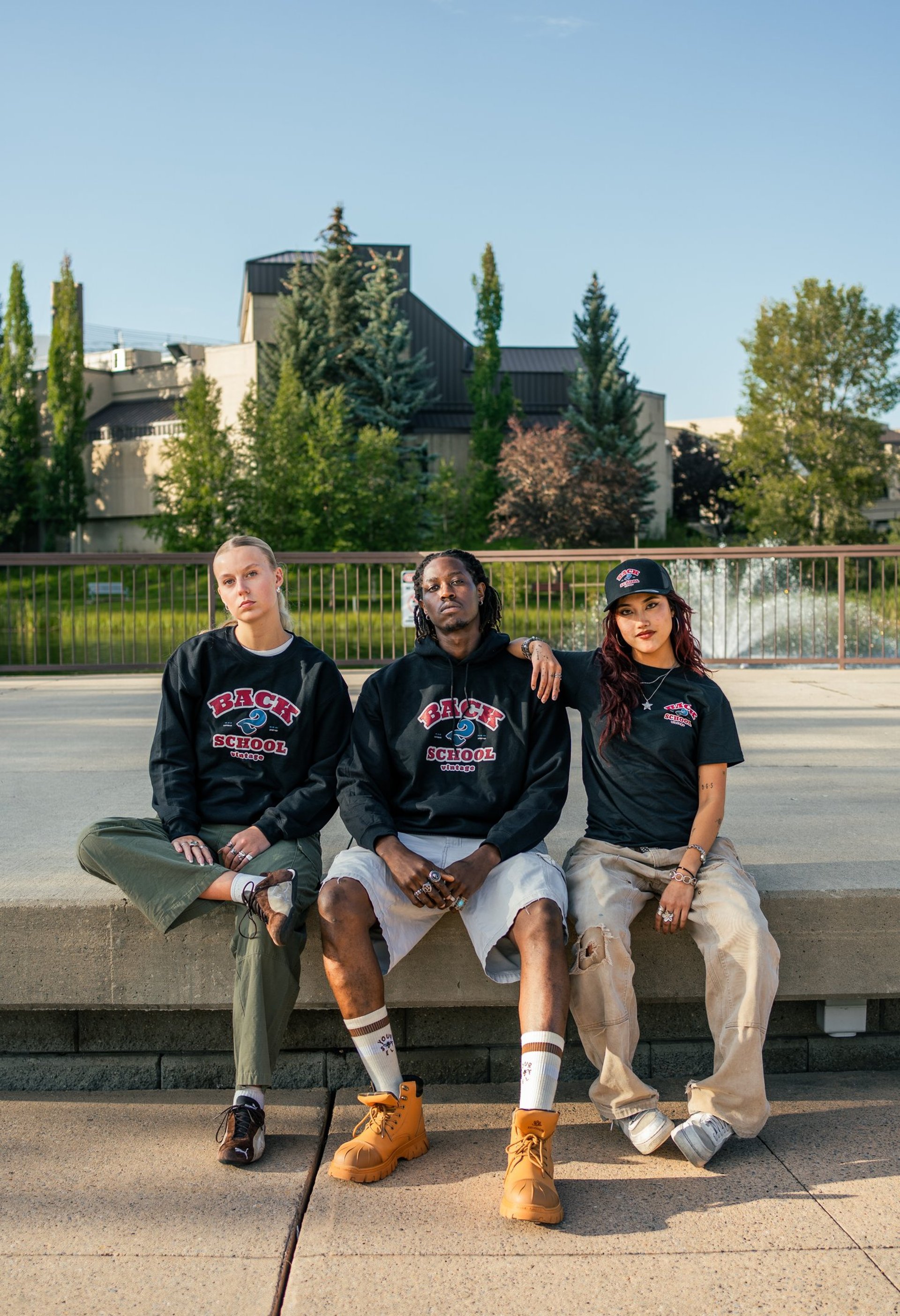 an abstract photo of a curved building with a blue sky in the background
