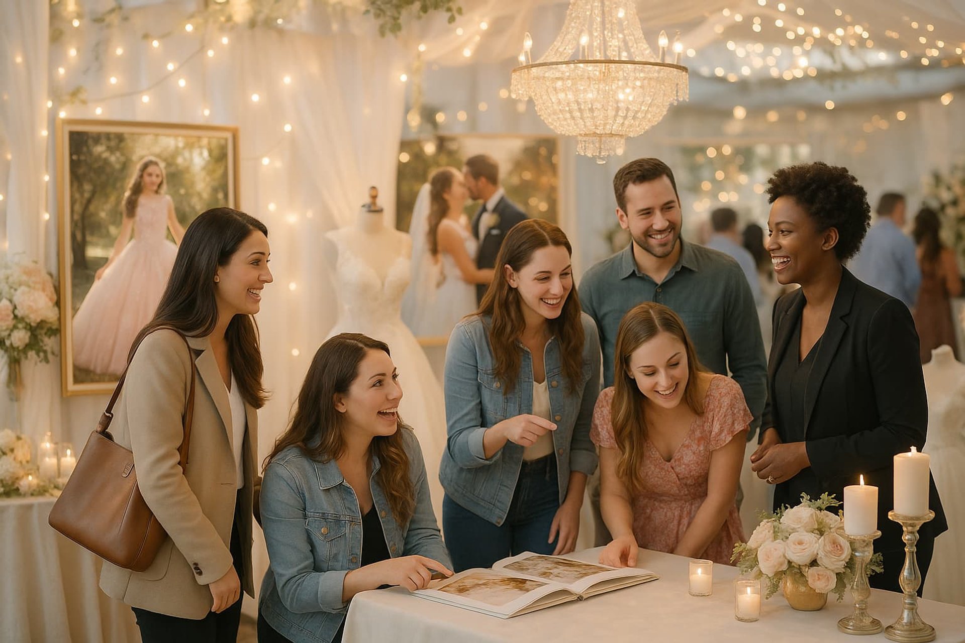 Grupo de personas en una expo de bodas y XV años, rodeados de decoración elegante, vestidos y luces cá