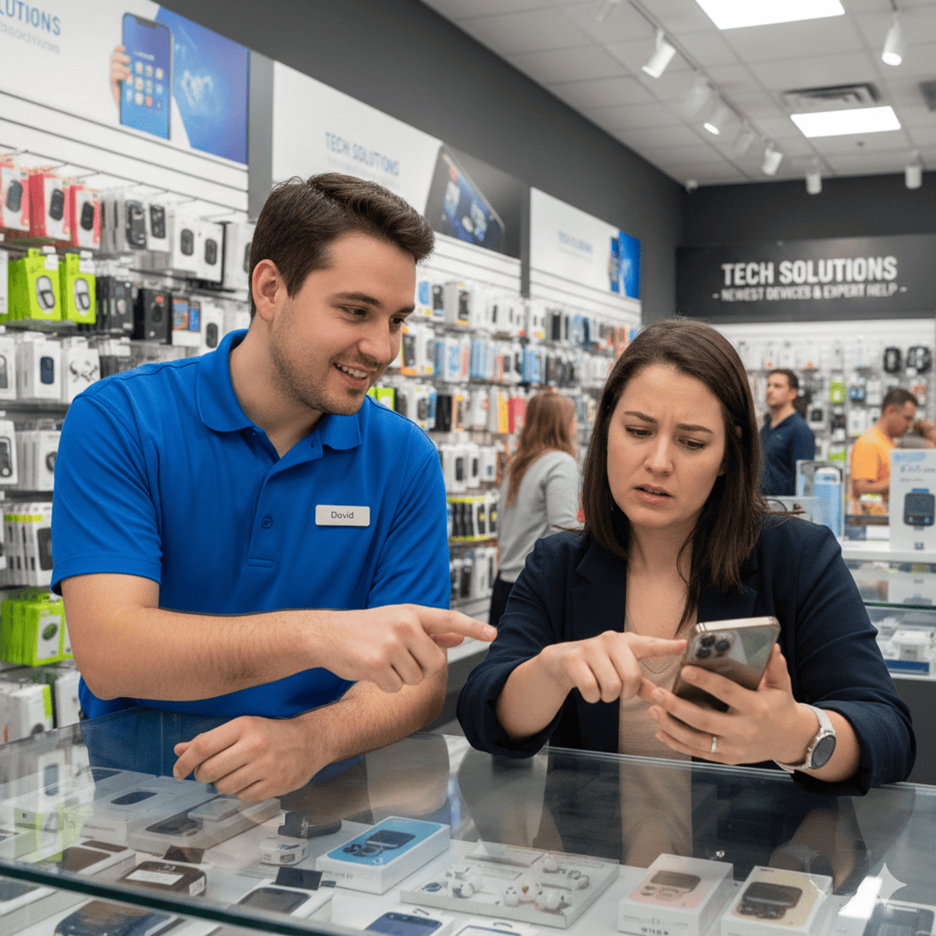 Una persona dando atencion individual a un cliente para ayudarla consu celular