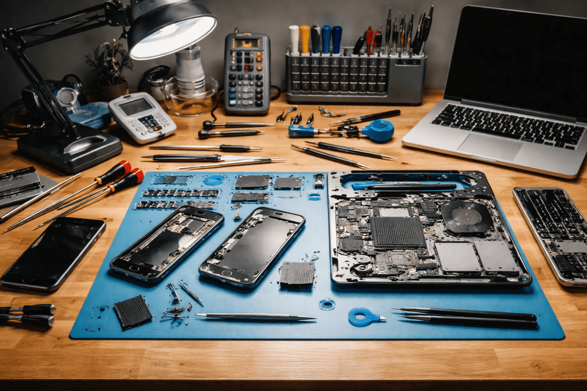 escritorio con herramientas de un tecnico preofesional que repra dispositivos como celulares, laptops