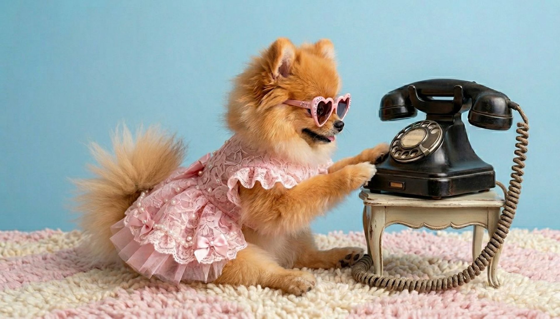 Pomerania interacting with a telephone in a blue background 