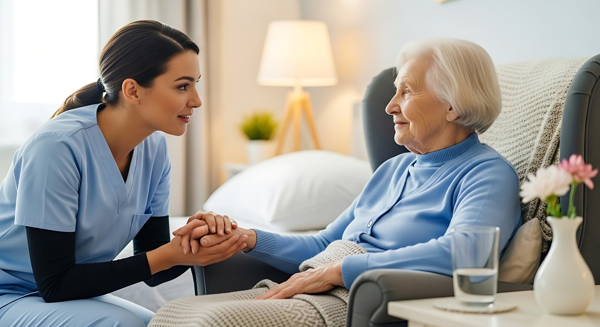 Caregiver assisting elderly couple with coloring