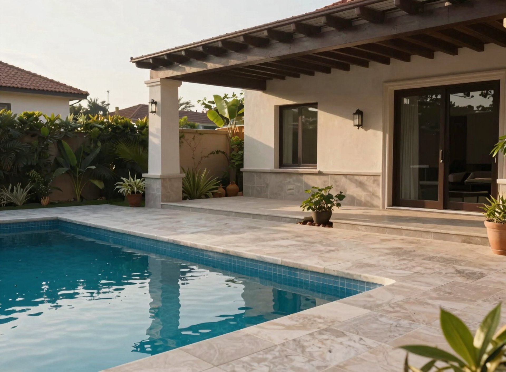 an overhead view of a swimming pool and lounge chairs