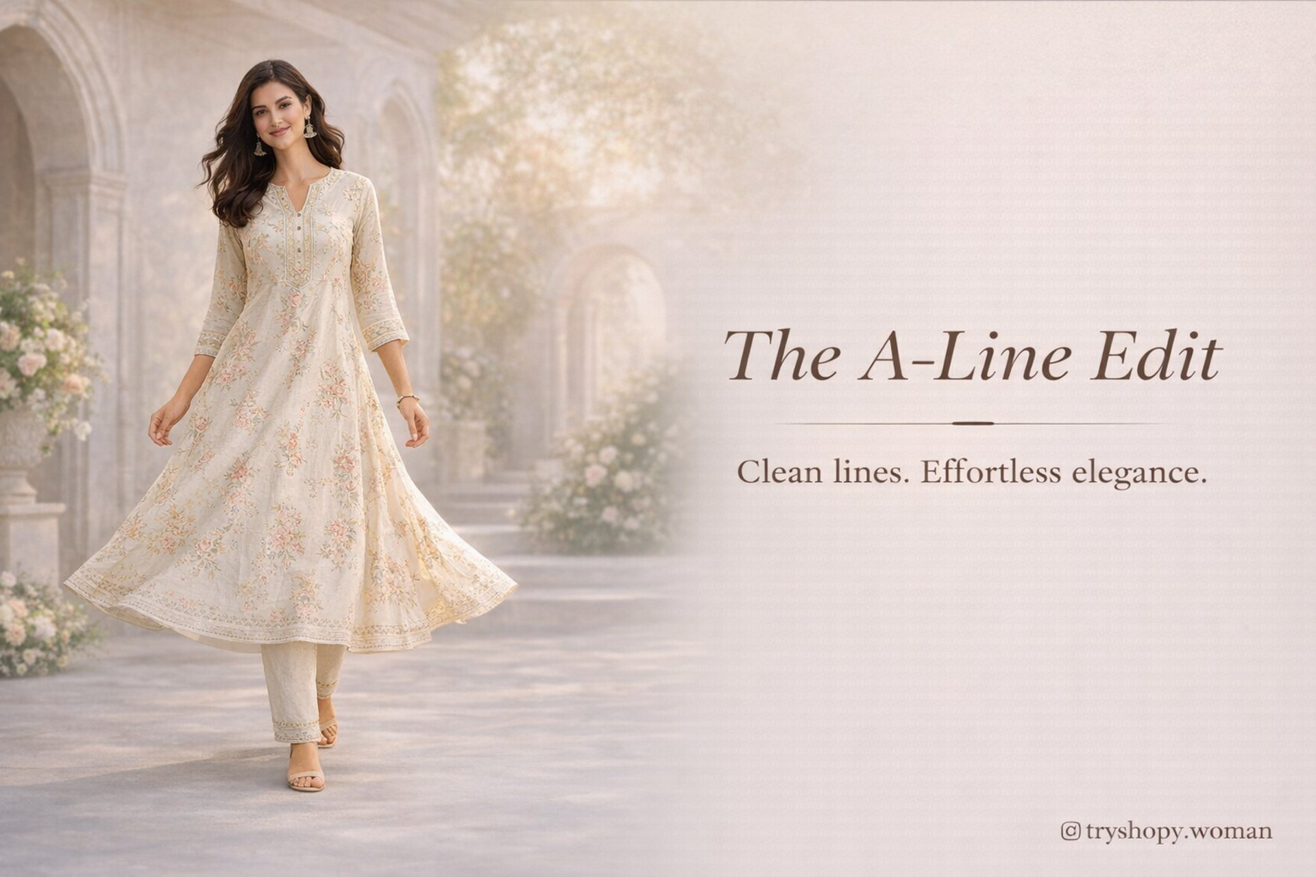A-Line kurtas for women category banner featuring elegant floral A-line ethnic kurta style from tryshopy