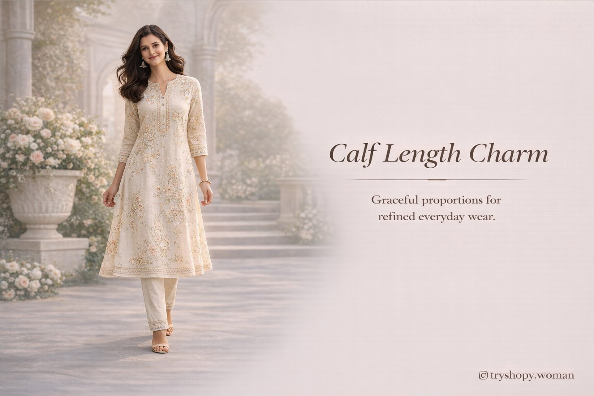 Calf length kurtas for women category banner featuring elegant calf length ethnic kurta styles from tryshopy