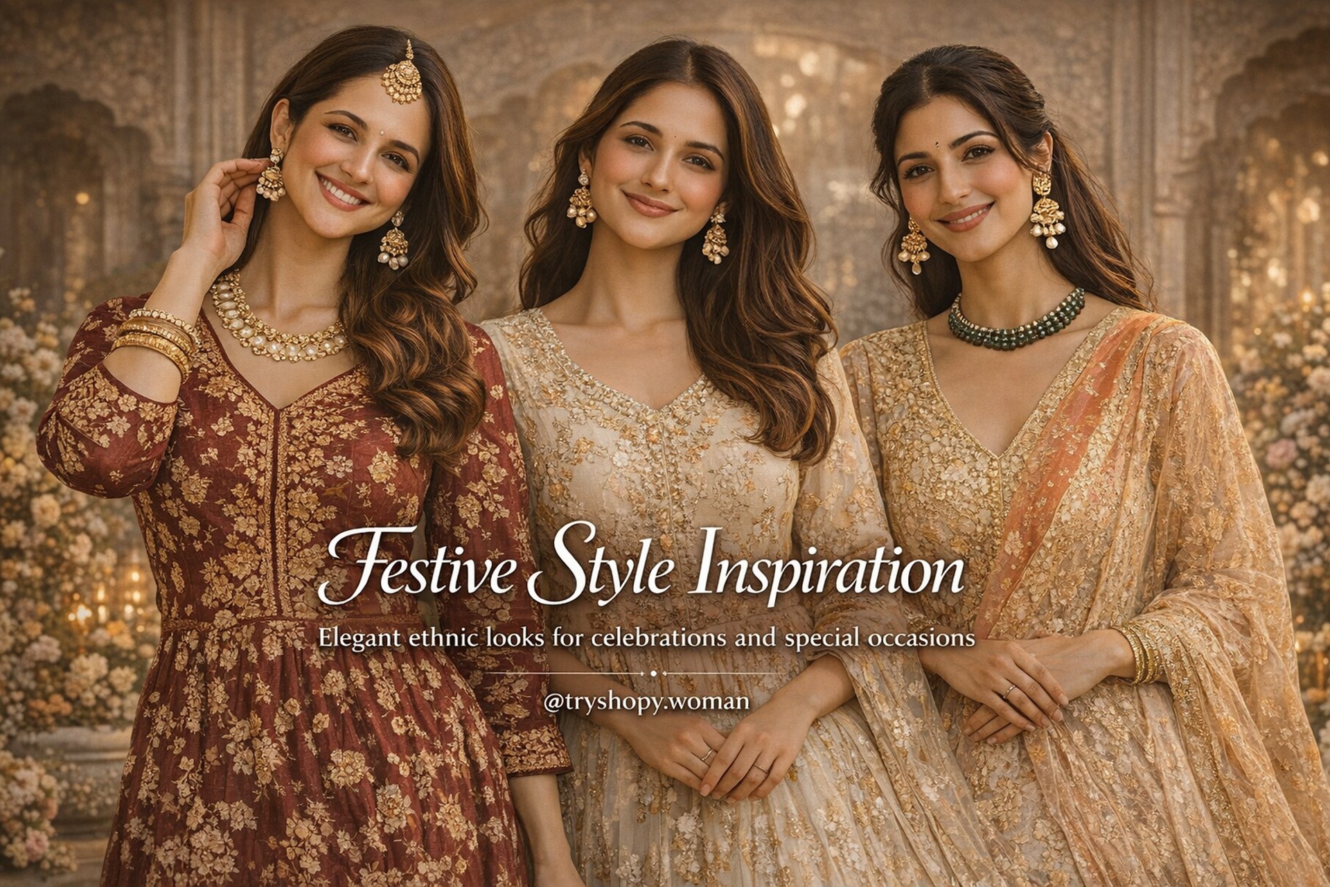 Festive ethnic fashion inspiration for women featuring elegant Anarkali and kurta outfits for celebrations by tryshopy woman