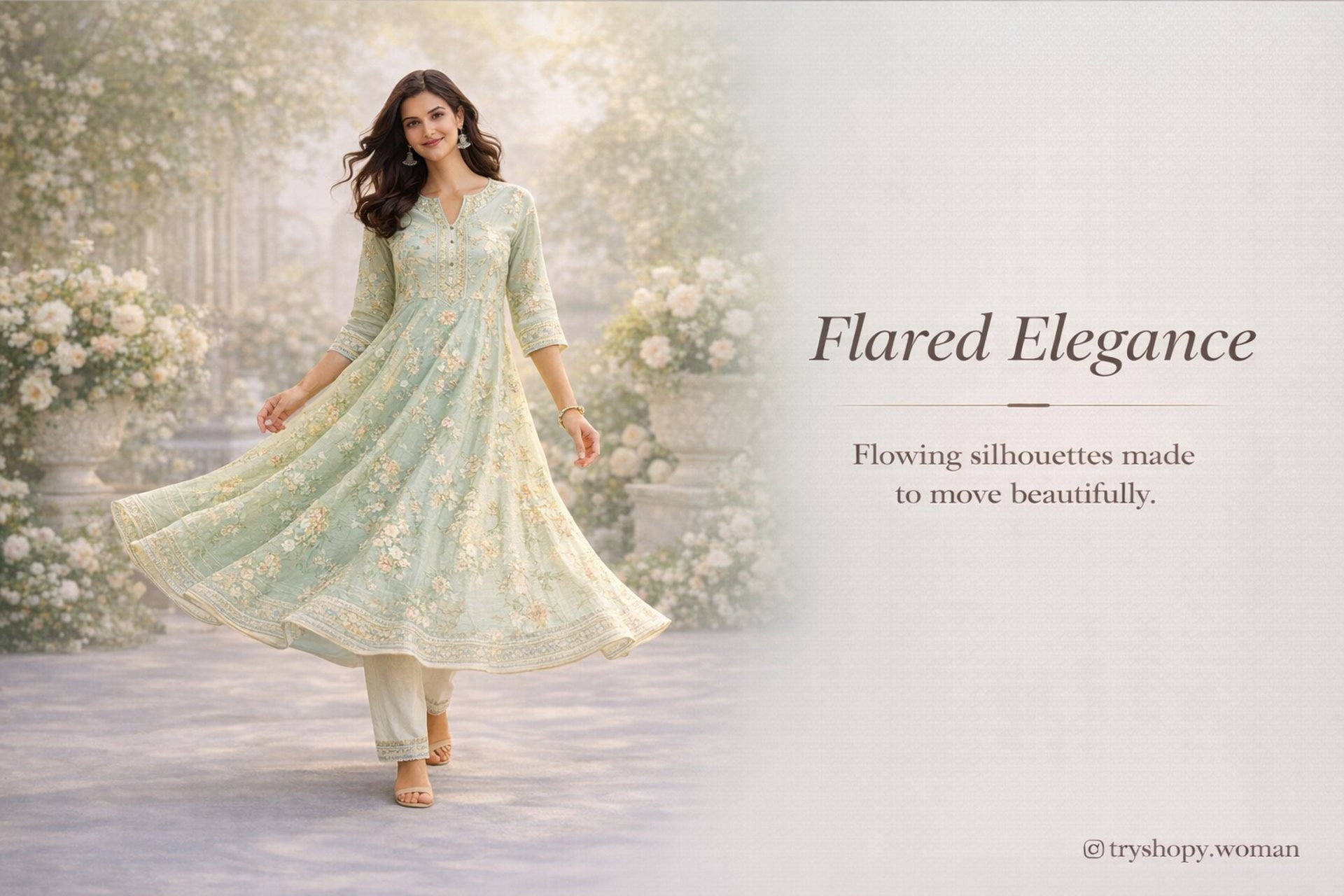 Flared kurtas for women category banner featuring flowing flared kurta silhouette from tryshopy