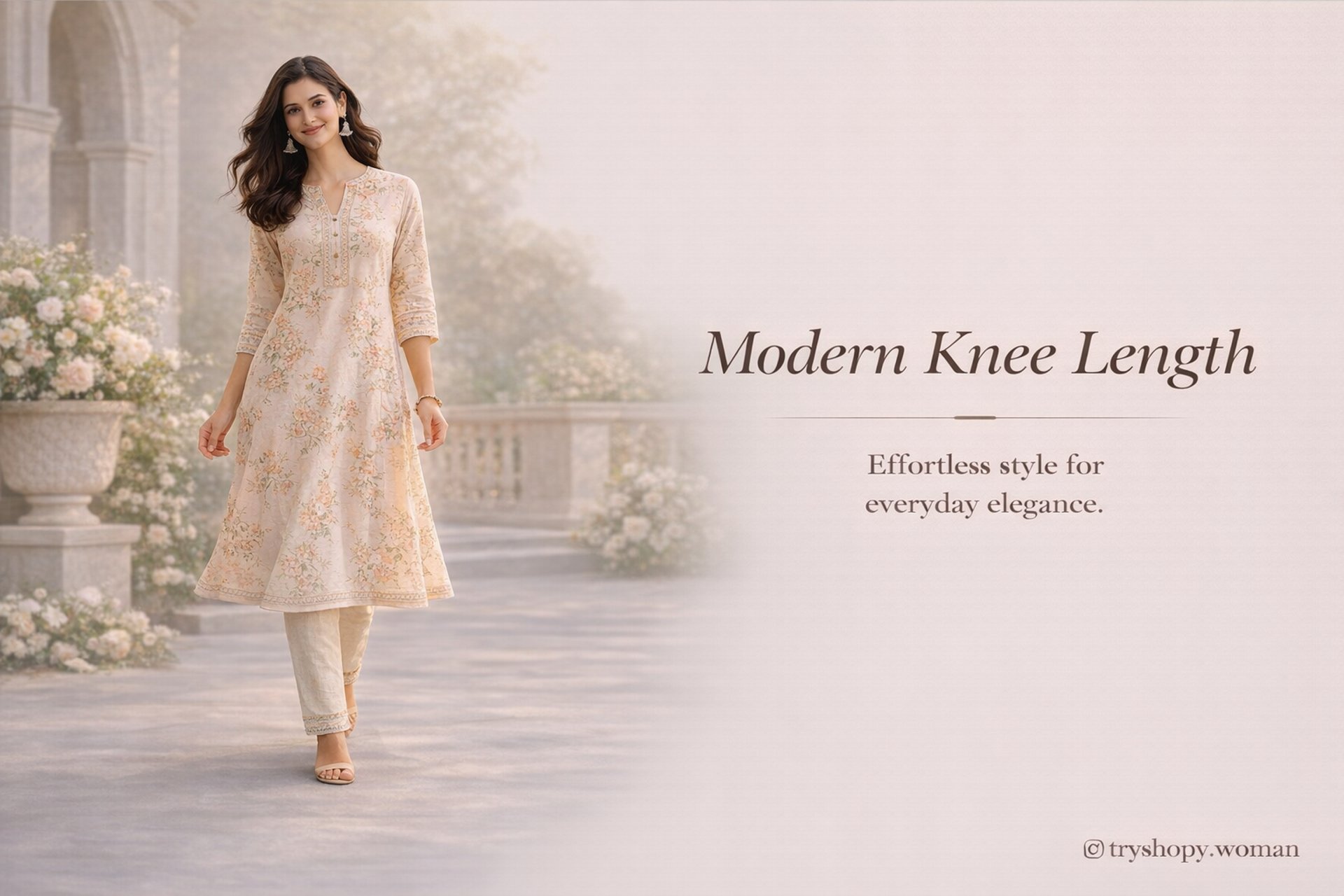 Knee length kurtas for women category banner showing modern knee length ethnic kurta collection from tryshopy