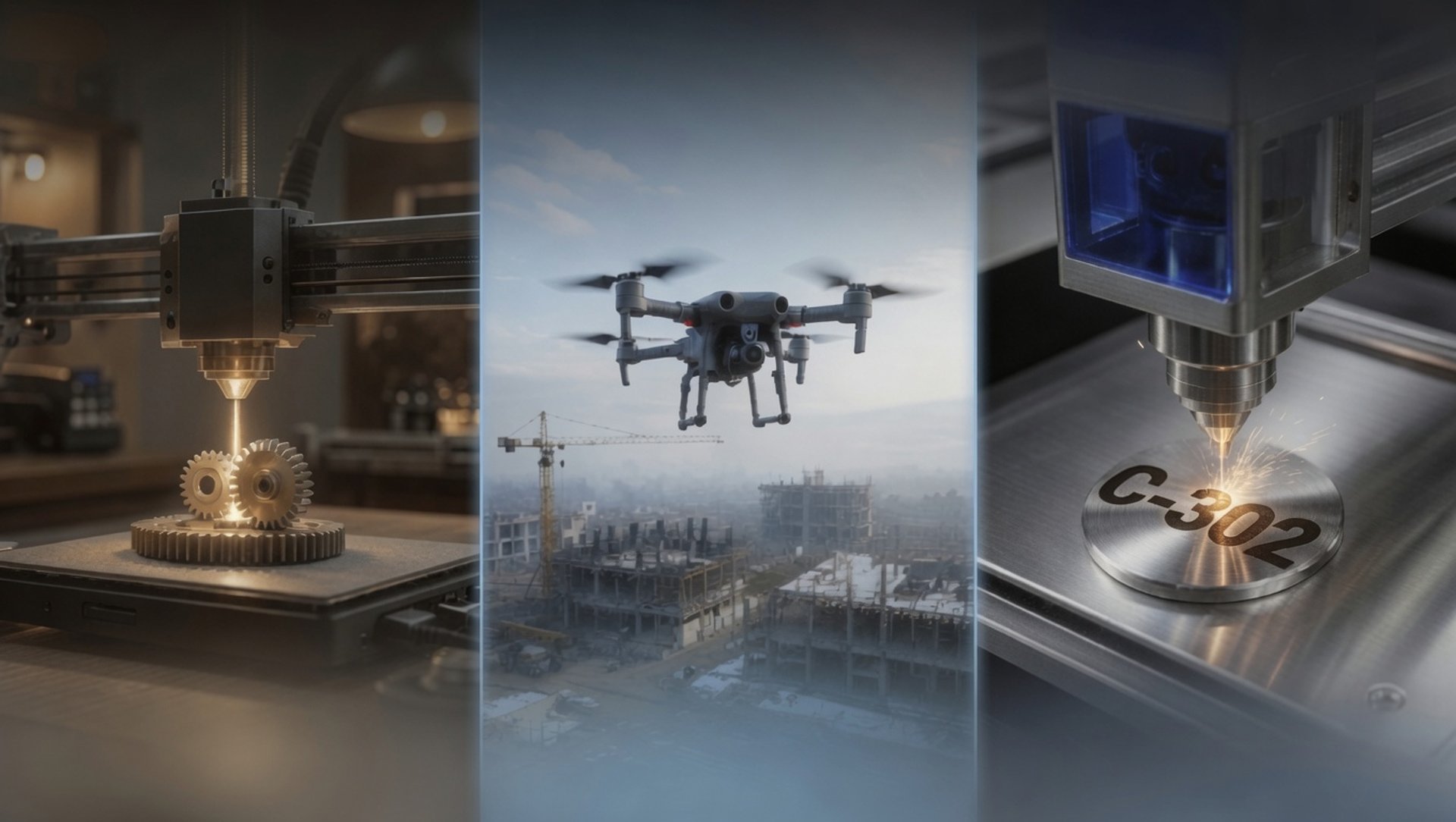 Drone over construction site, 3D printer in action, and laser engraver marking metal tags - Nexus Media services