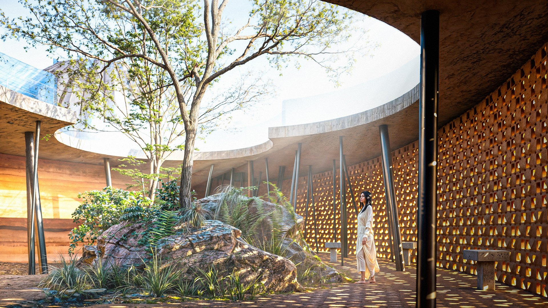 an abstract photo of a curved building with a blue sky in the background