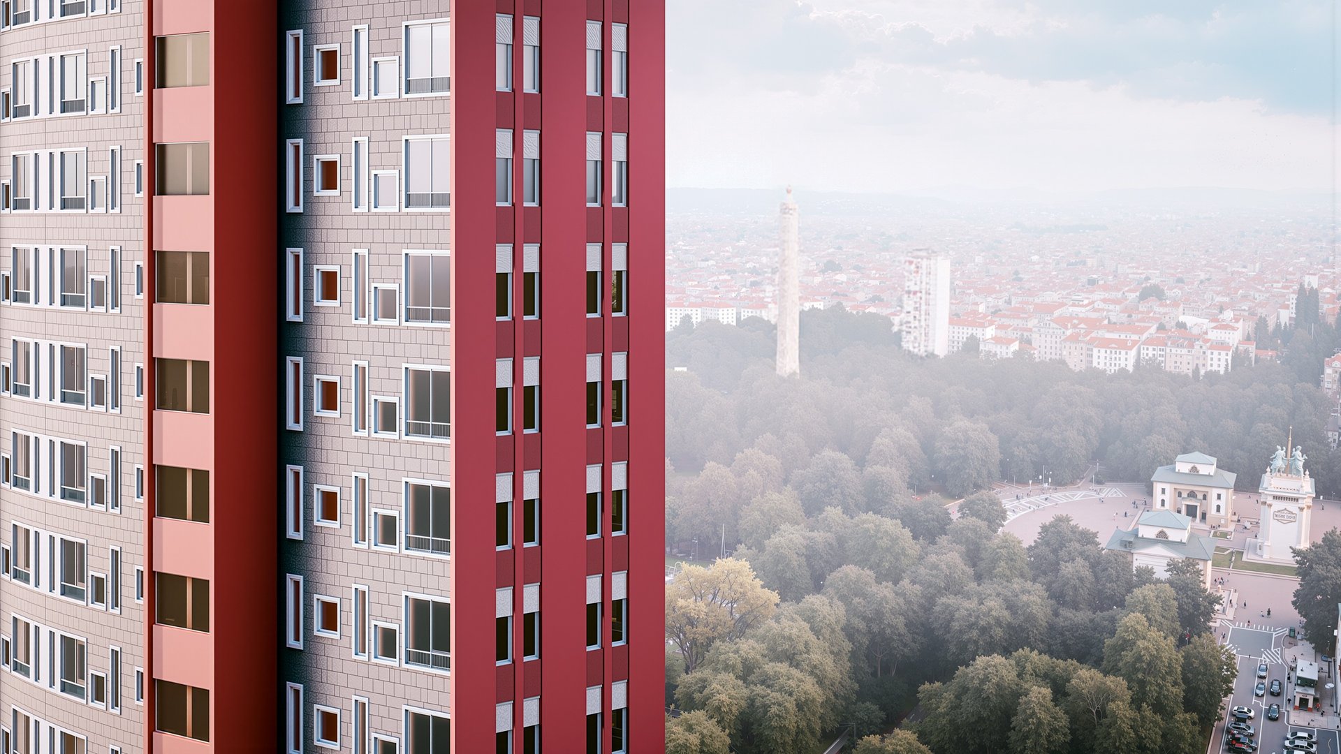 an abstract photo of a curved building with a blue sky in the background