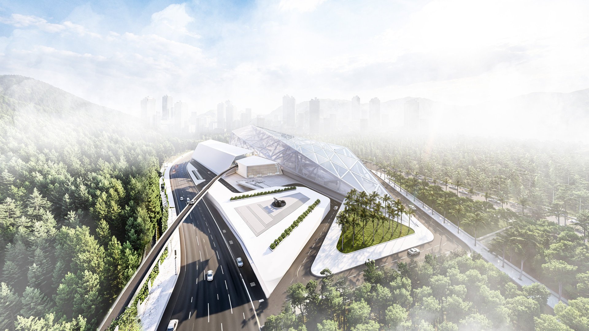 an abstract photo of a curved building with a blue sky in the background