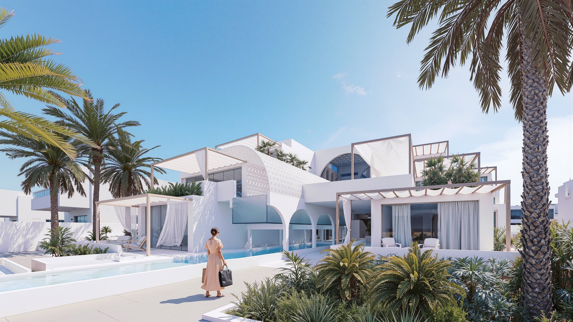 an abstract photo of a curved building with a blue sky in the background