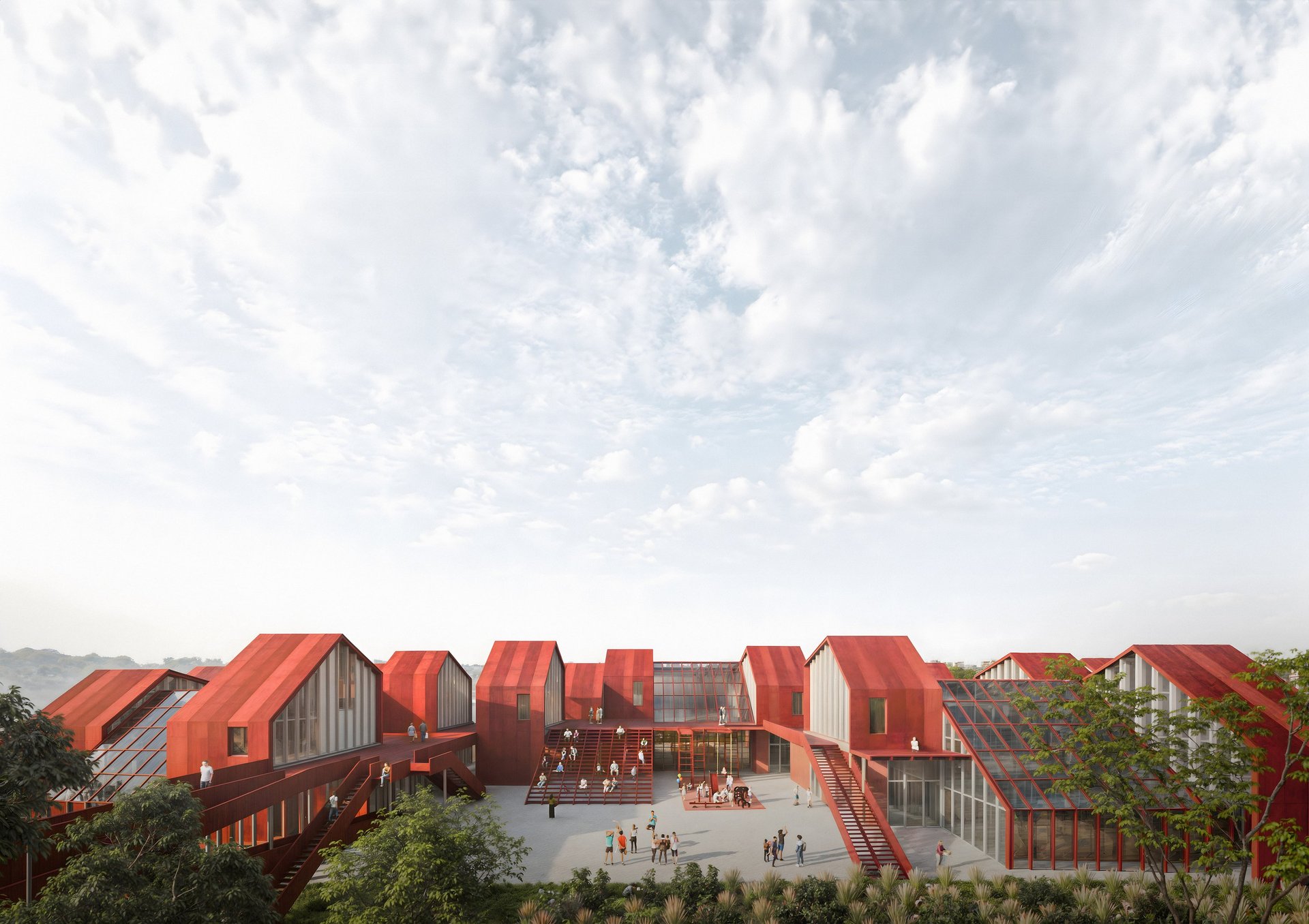 an abstract photo of a curved building with a blue sky in the background