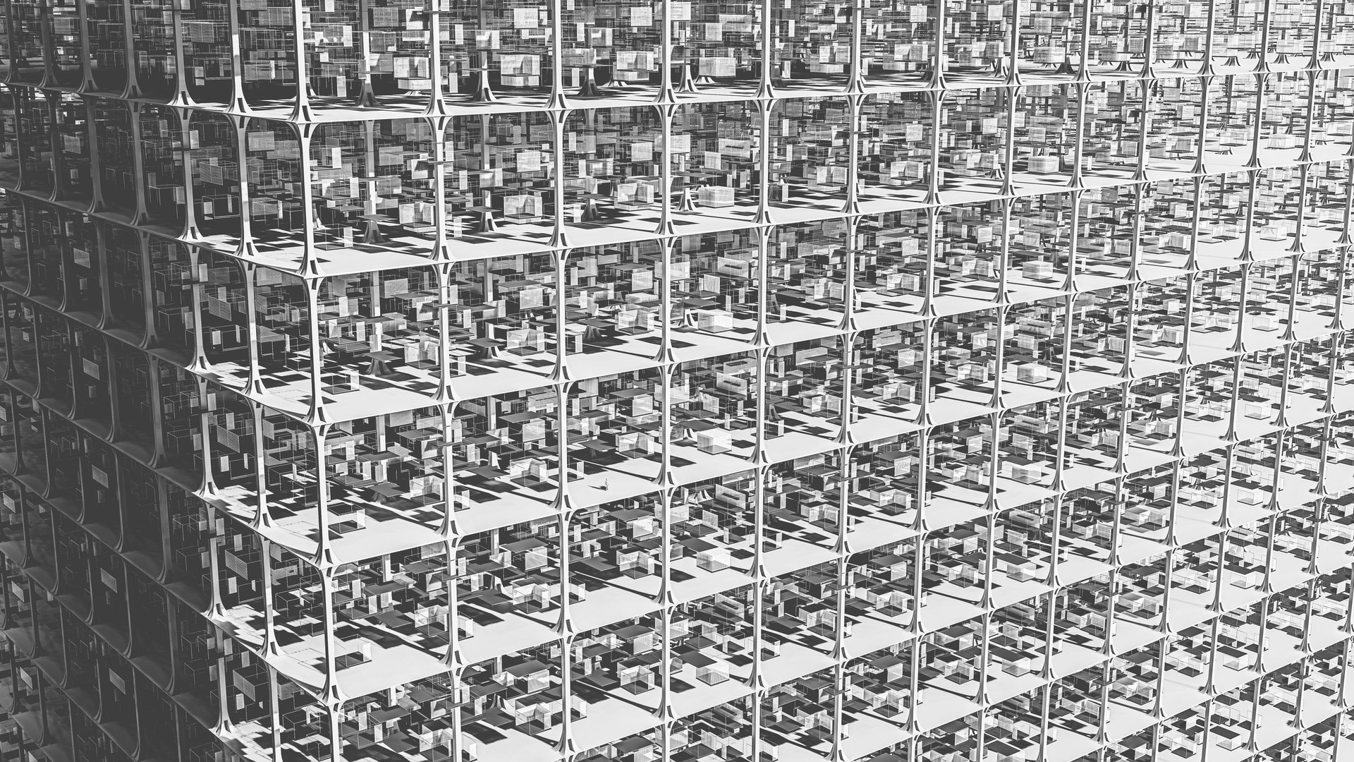 an abstract photo of a curved building with a blue sky in the background