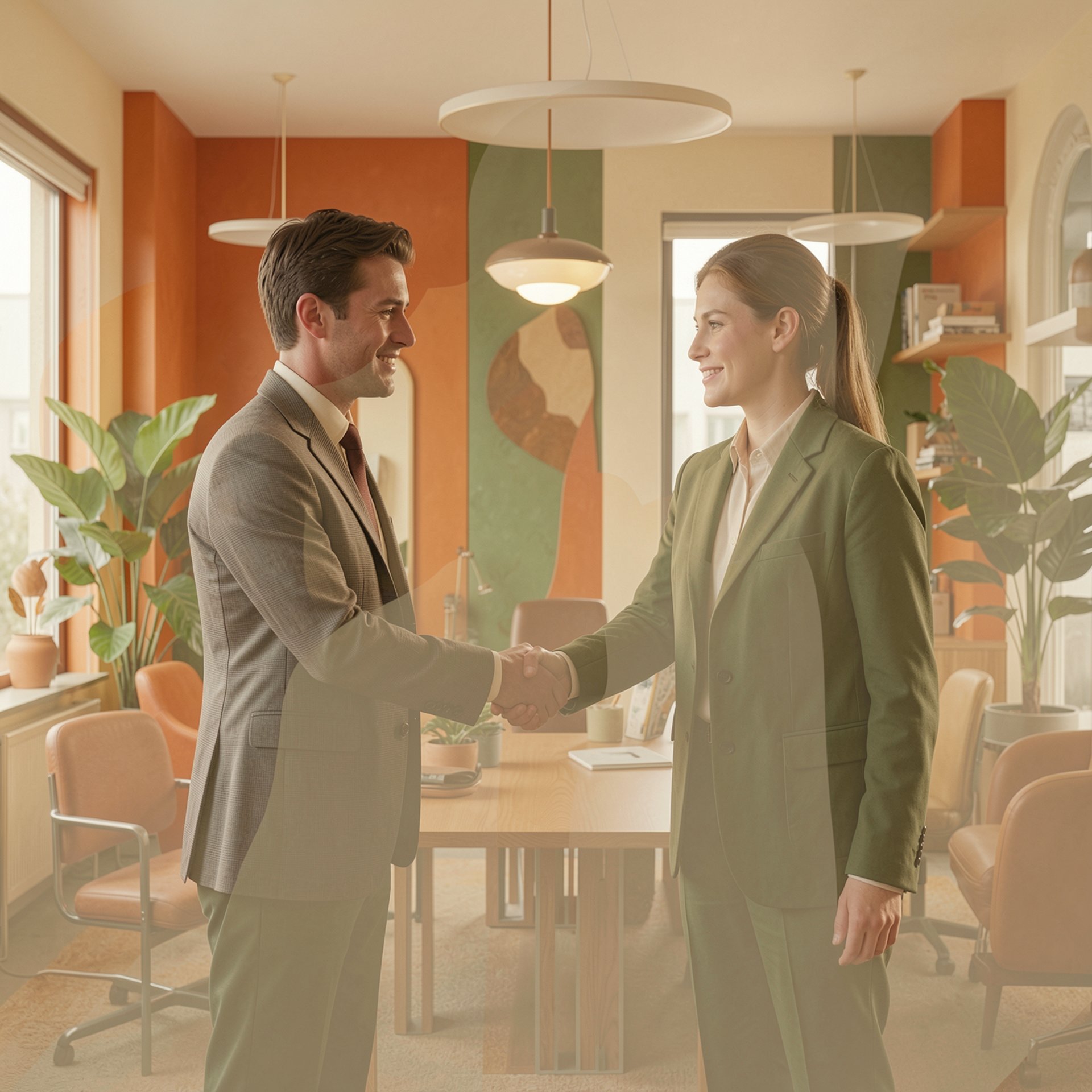Two businesswomen shaking hands in a modern office building.