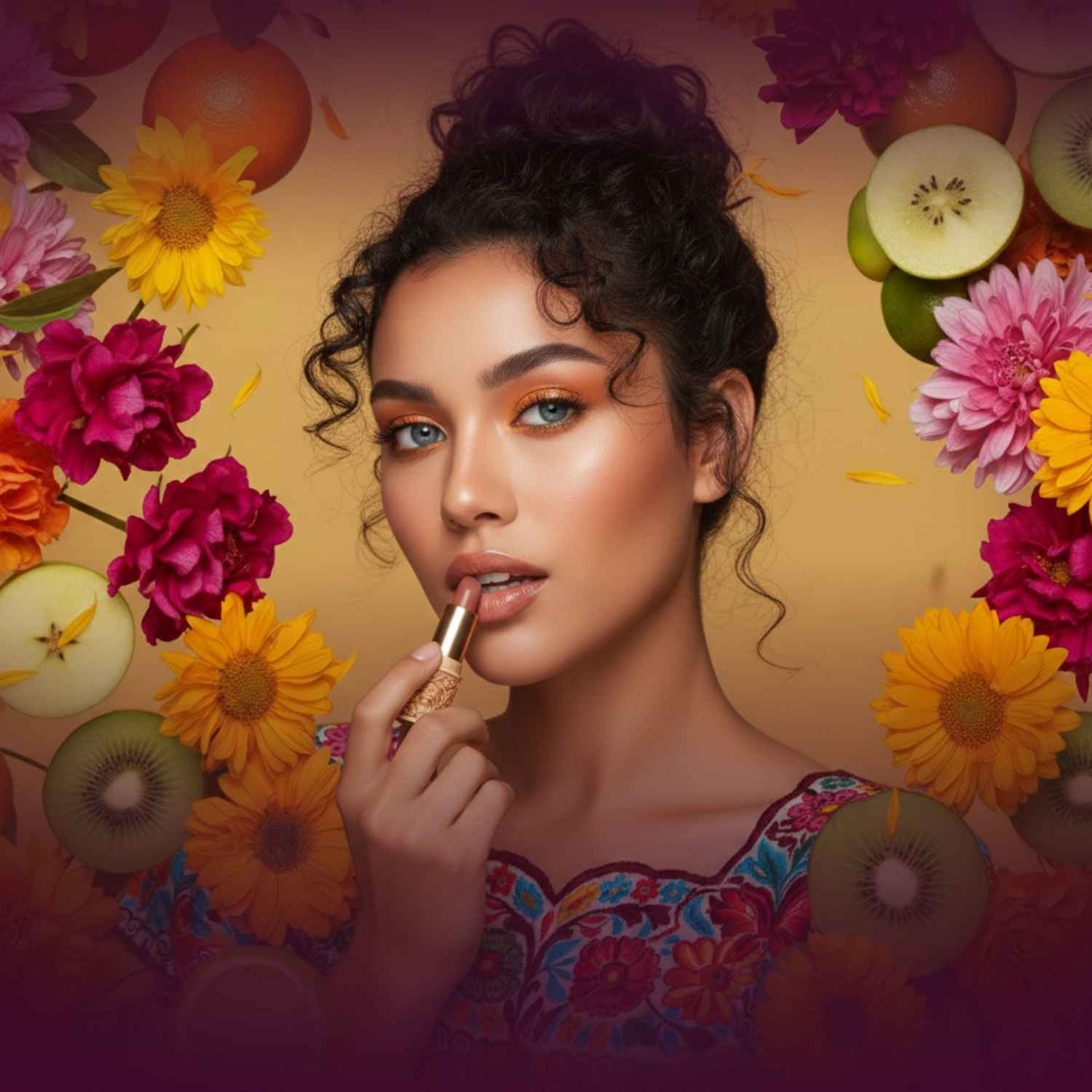 Mujer con peinado recogido aplicando labial tono nude de la línea Raiza