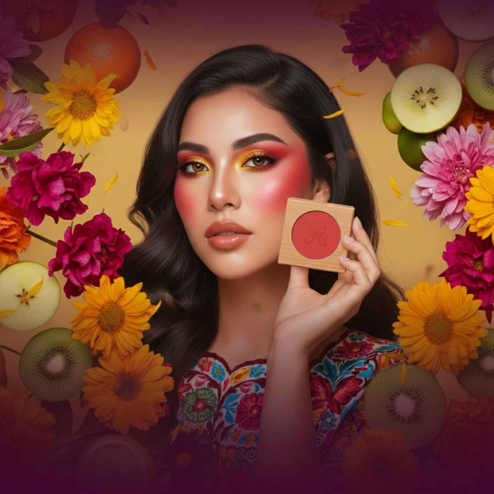 Modelo mexicana con resaltando rubor rojizo difuminado, sosteniendo envase de madera artesanal 