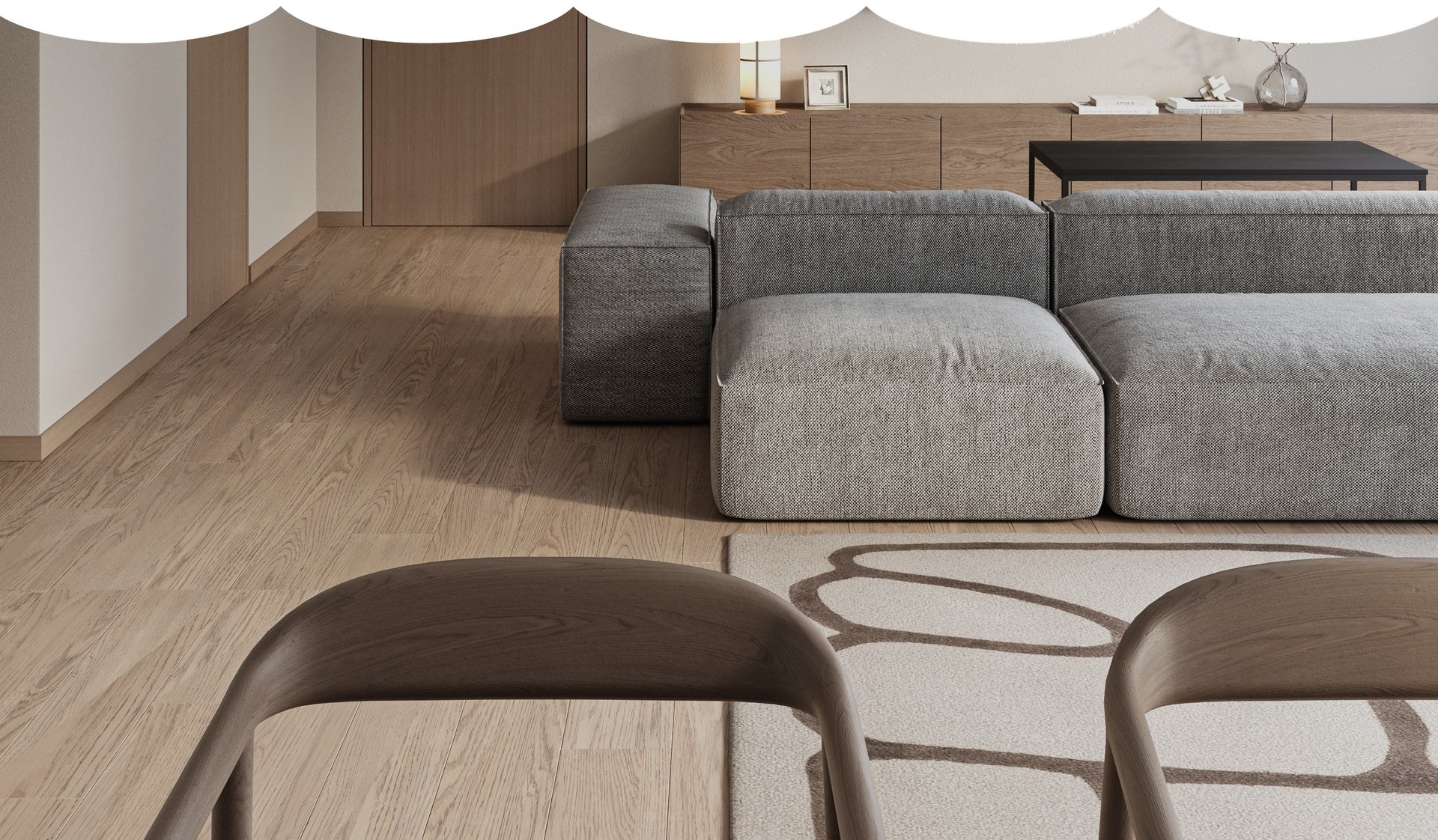 white steel chair in front round table on white rug