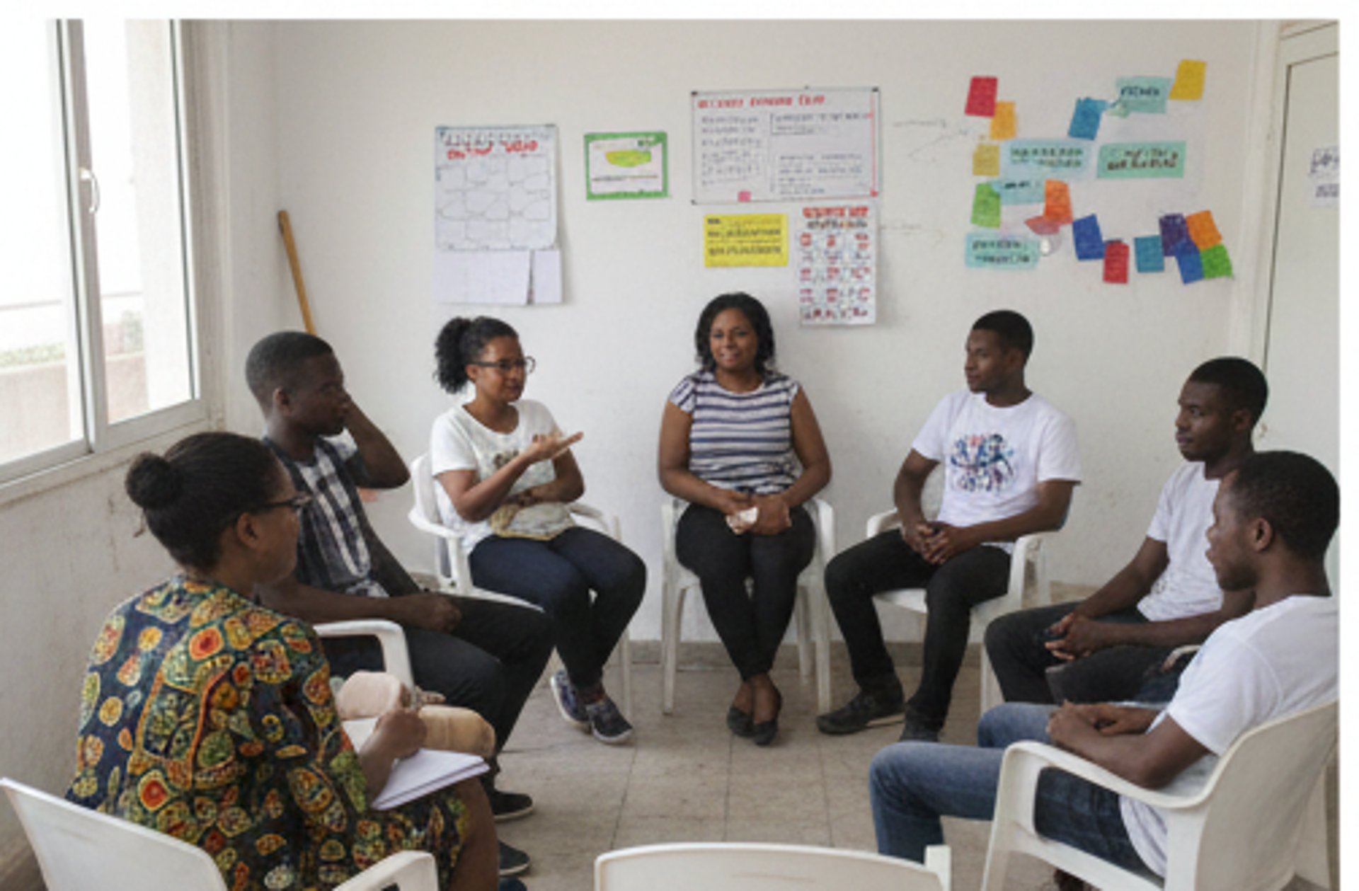 woman in blue and white shirt