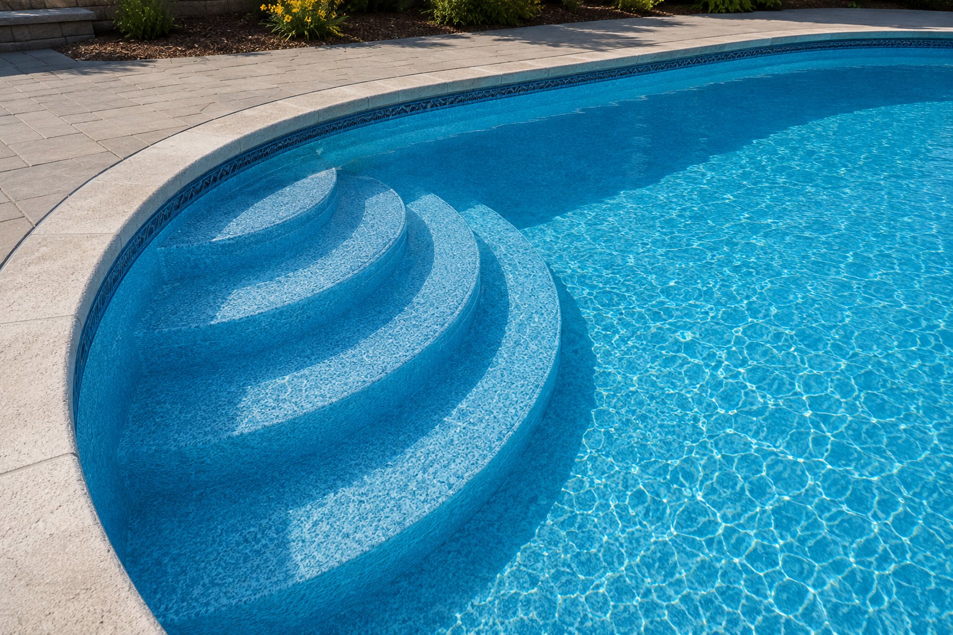 a blue swimming pool with a white tiled floor