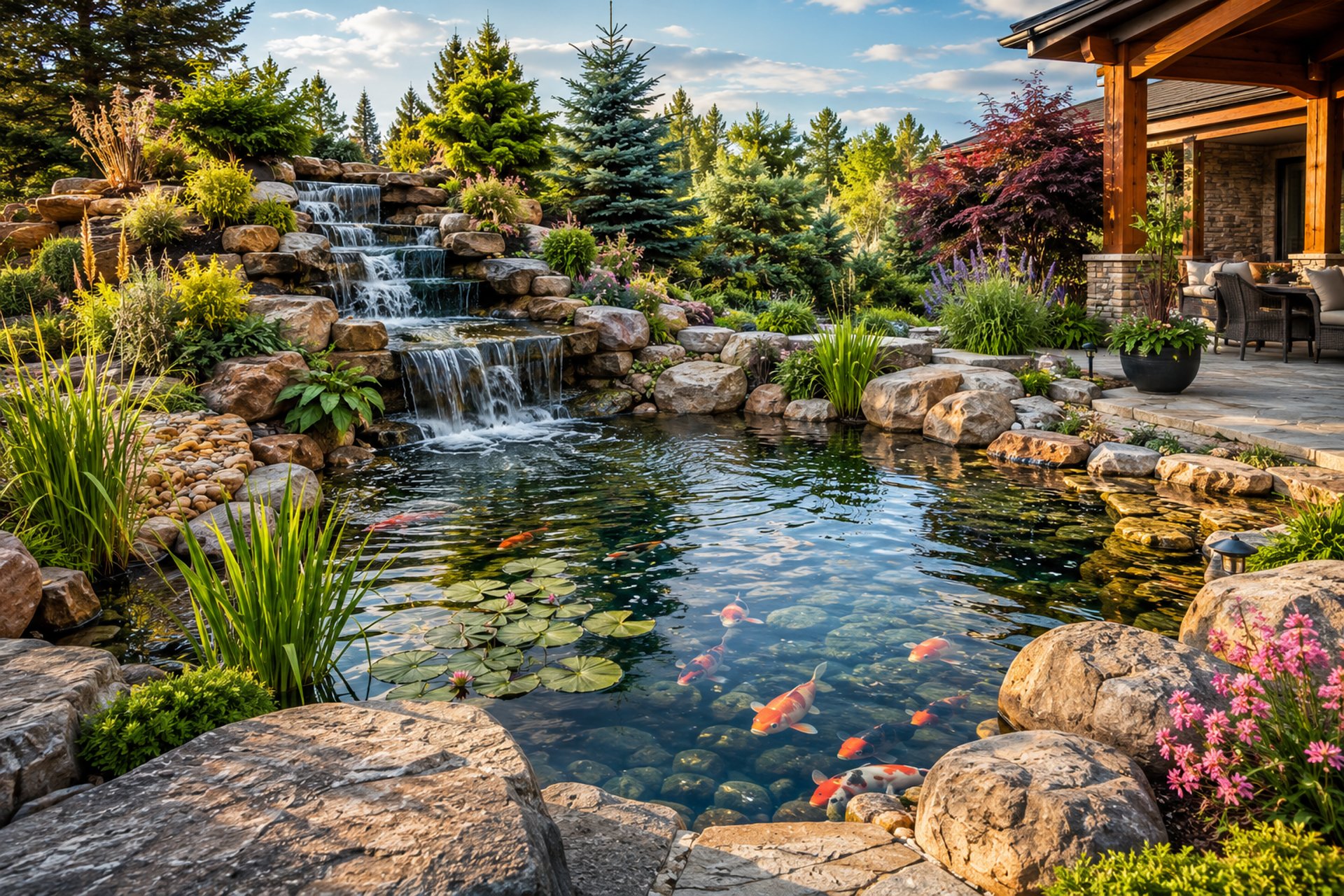 a house with a pool and trees around it