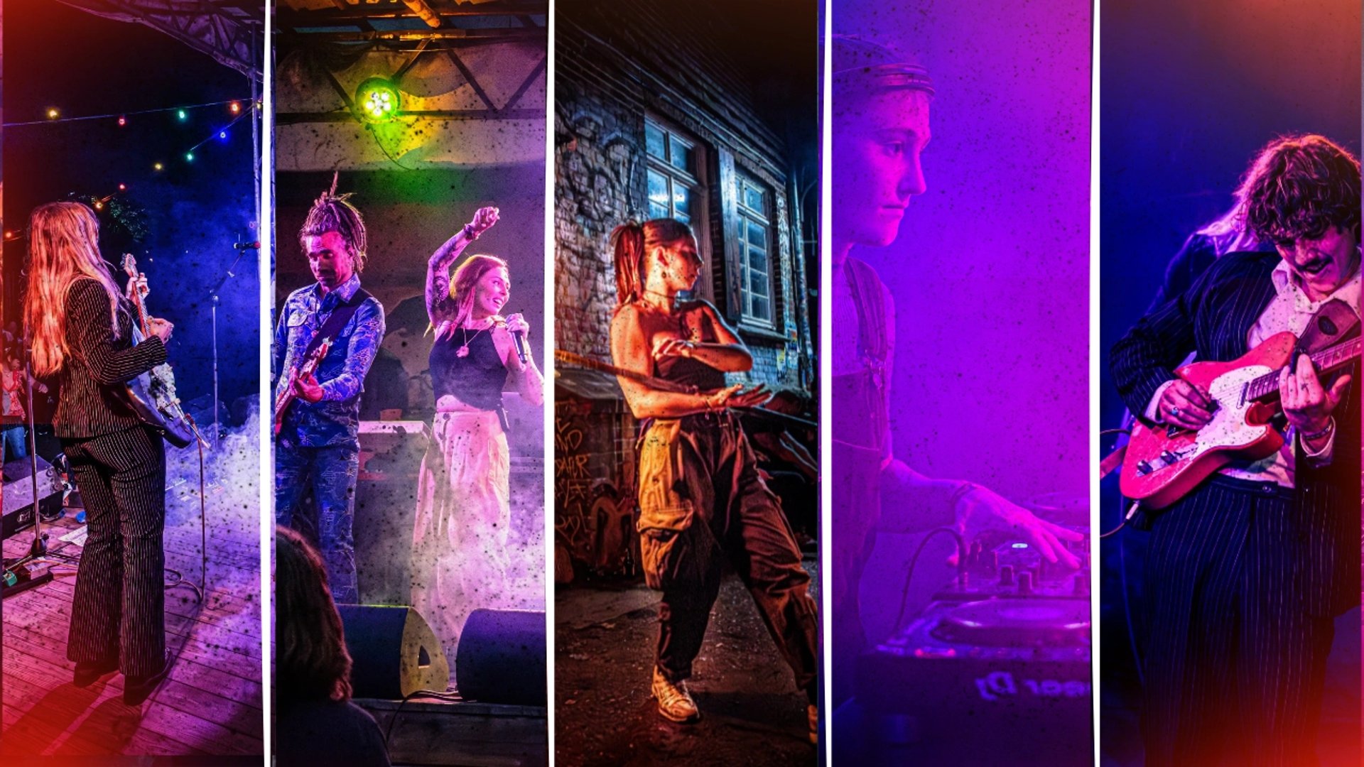 Verschiedene Künstler:innen spielen auf verschiedenen Bühnen Instrumentente