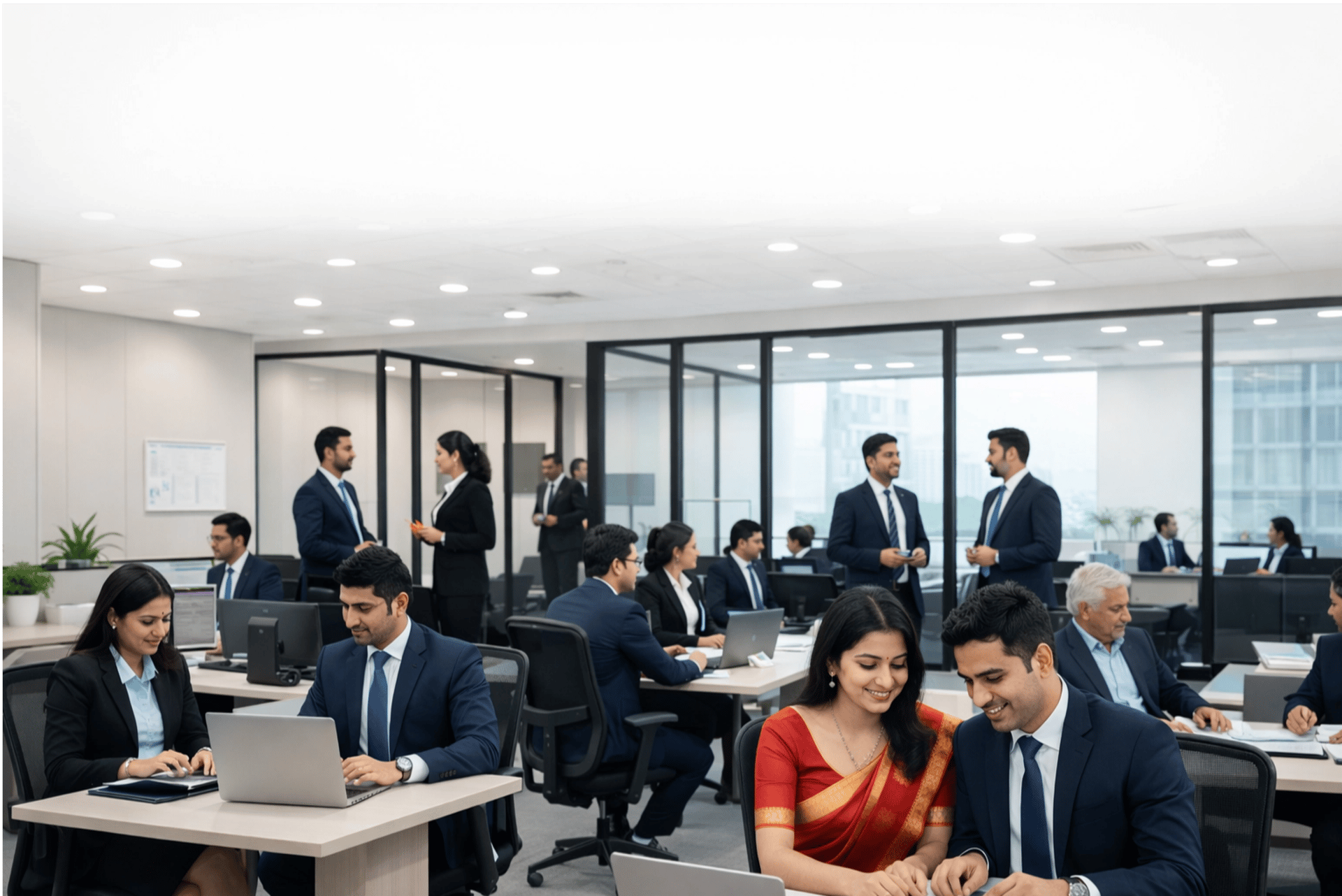 People working at computers in a modern office space.
