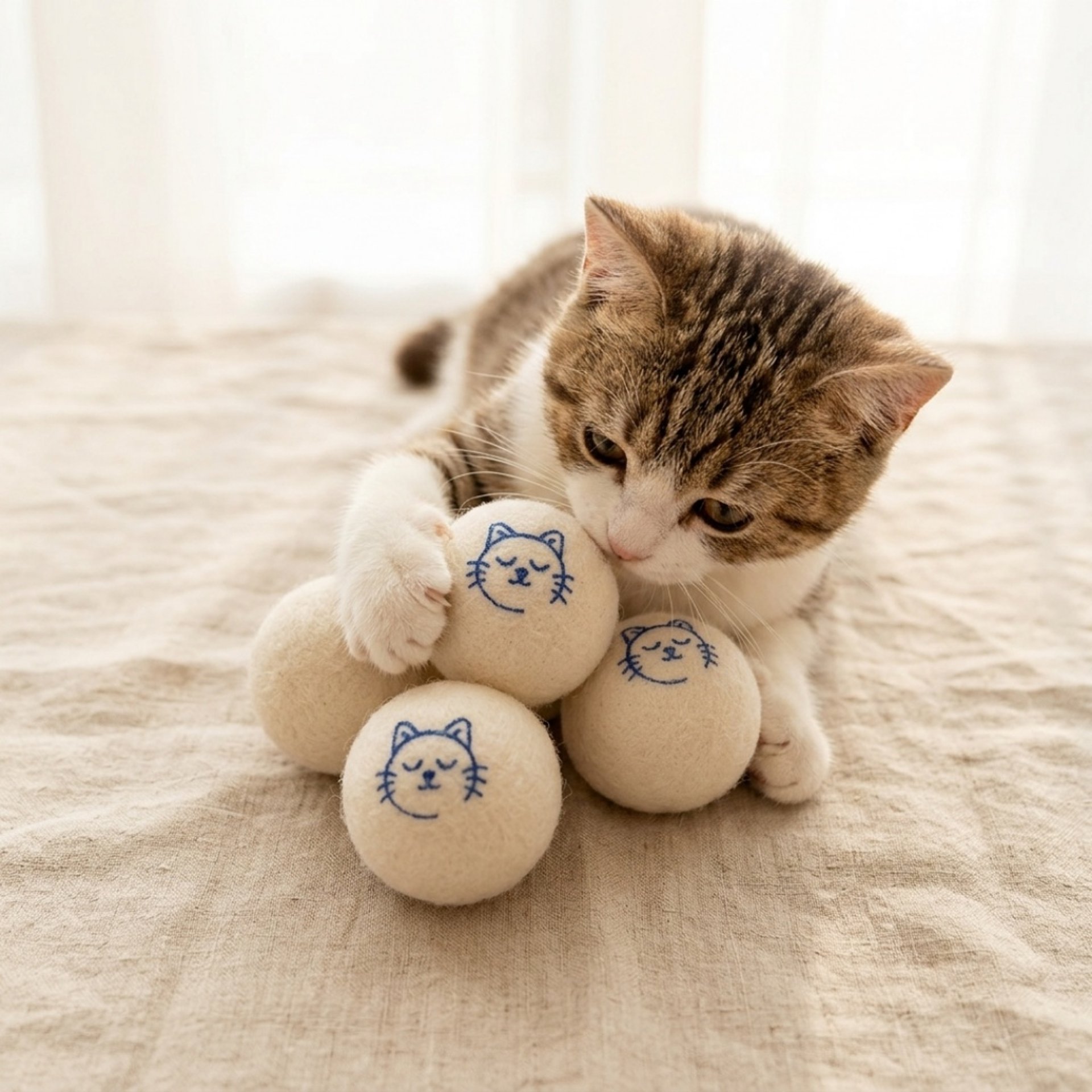 Cat playing with a natural wool cat ball