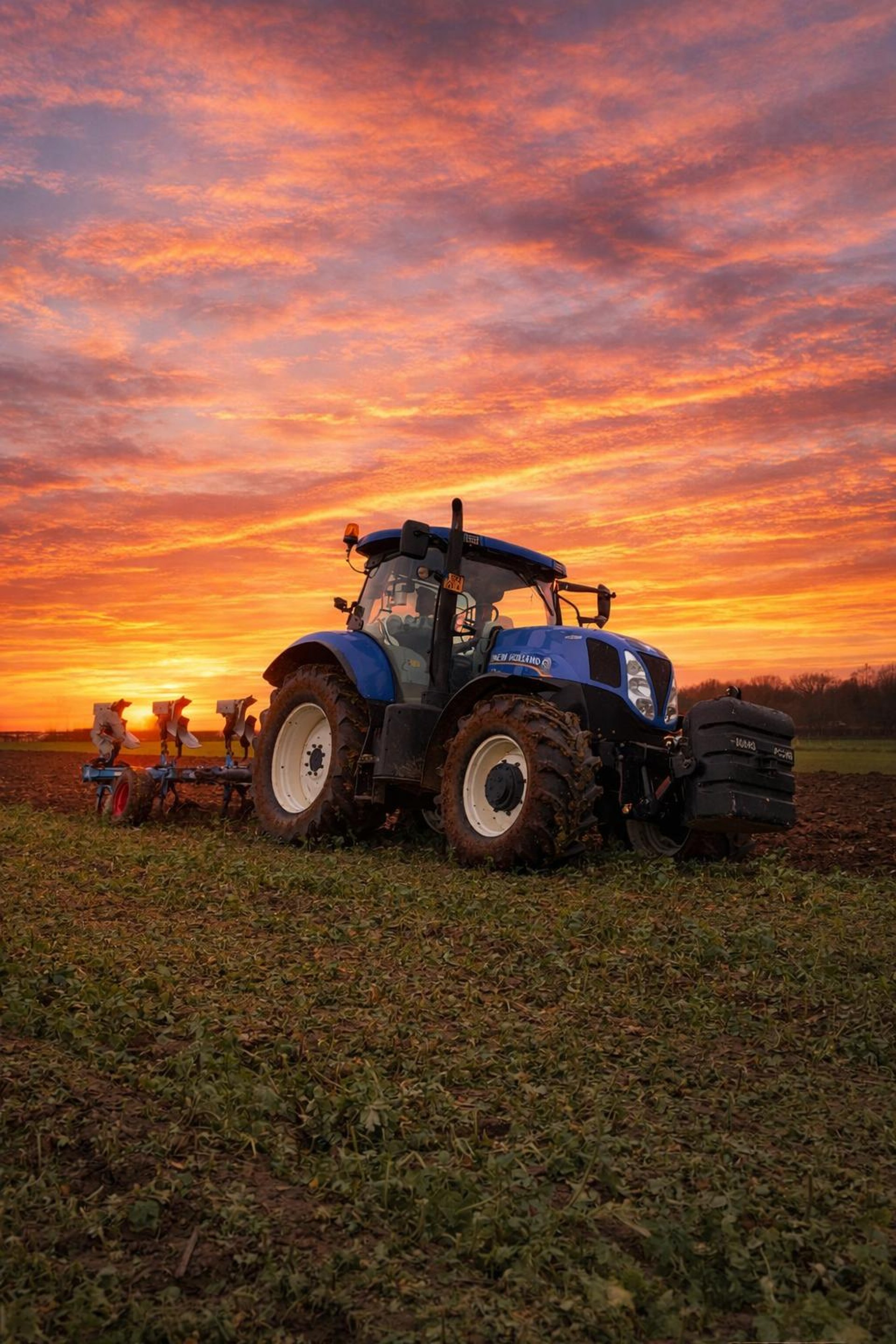 Tractor op het land bij Hoeve Dinjens in Maastricht tijdens een zonsondergang met oranje lucht