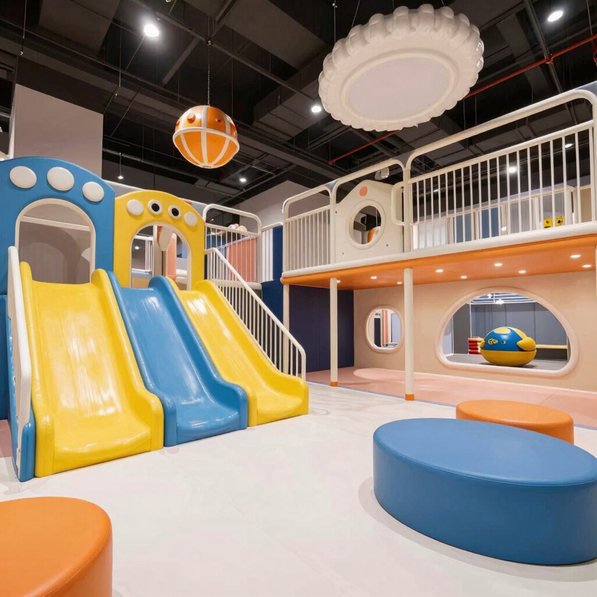 boy in red and yellow polo shirt sitting on white balloons