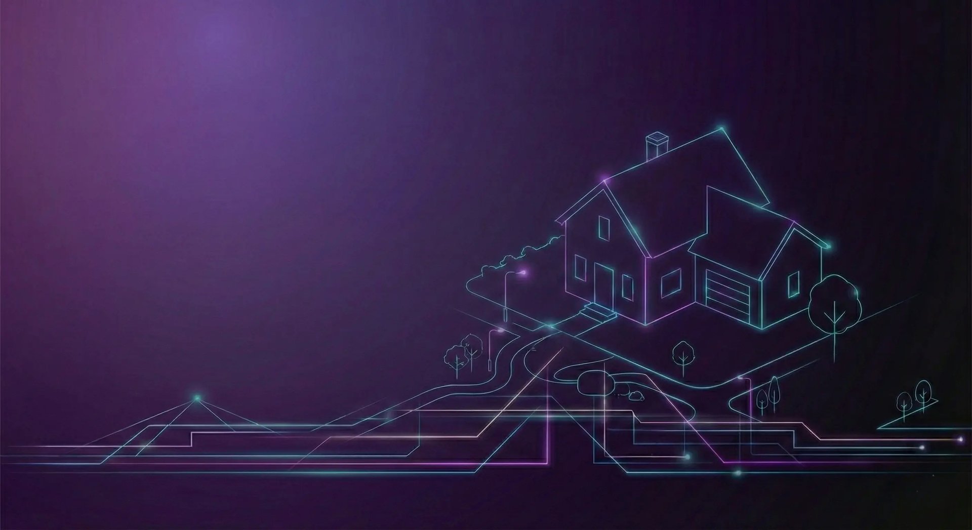 Illustration filaire néon d'une maison individuelle symbolisant l'immobilier résidentiel connecté