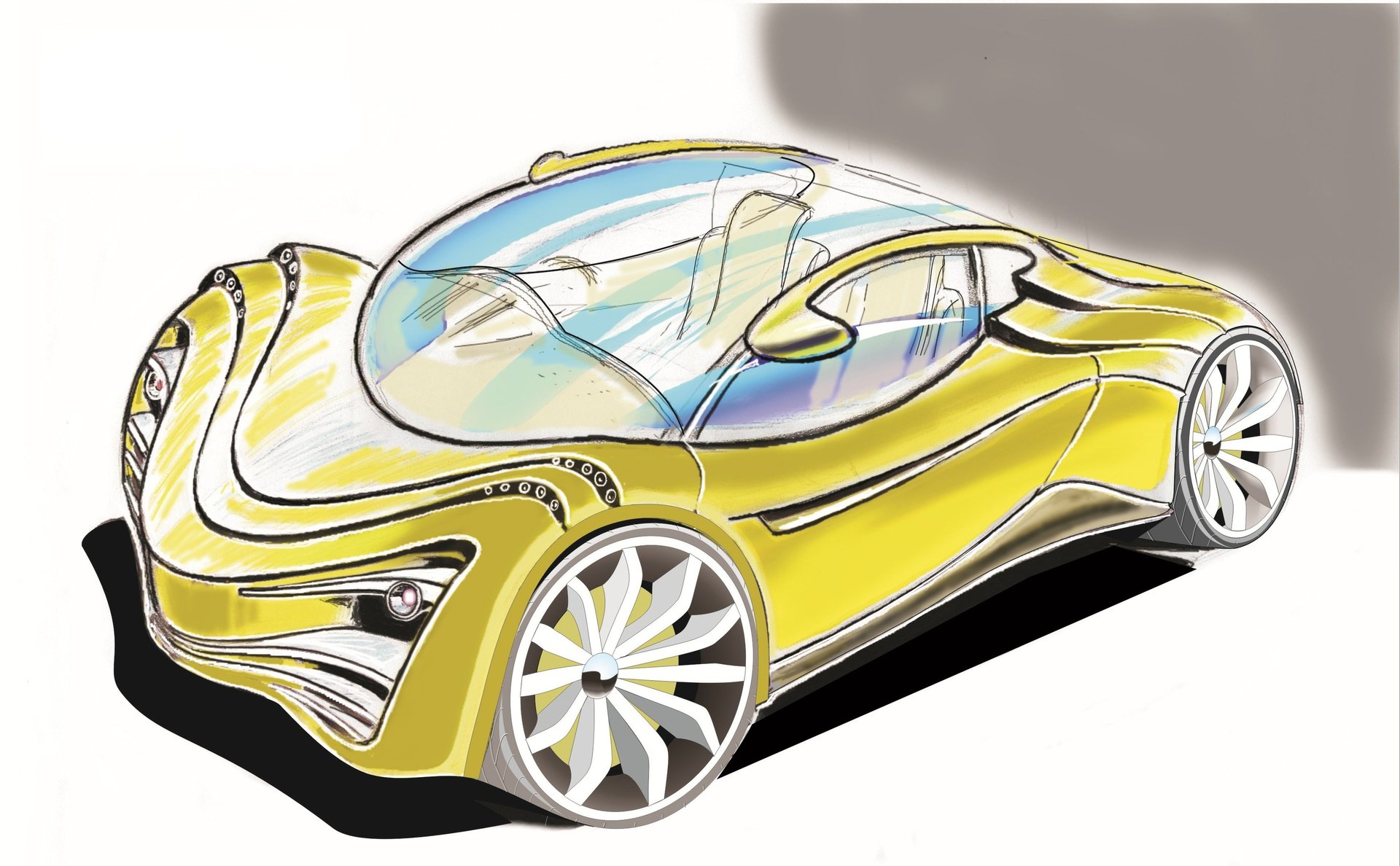 Abstract sculpture of a car with orange and silver details.