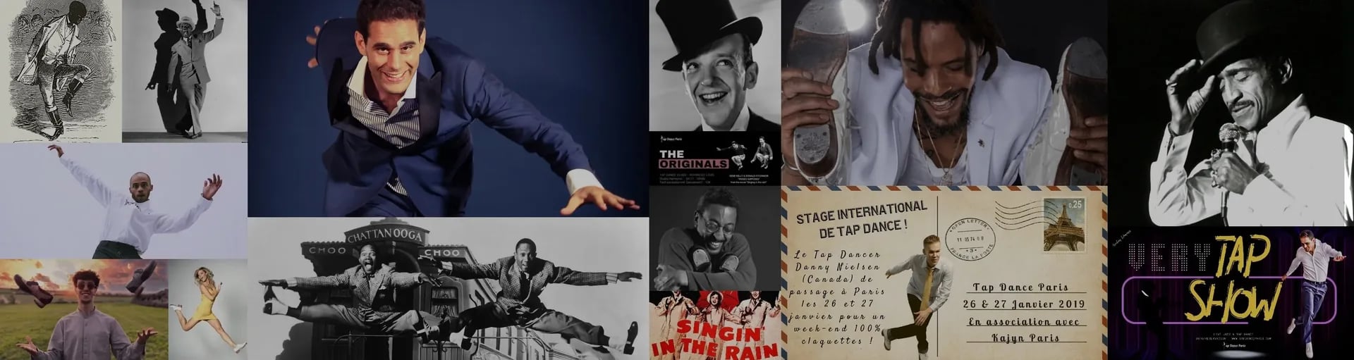Bannière d'accueil tap dance paris avec visages de tap dancers de légende