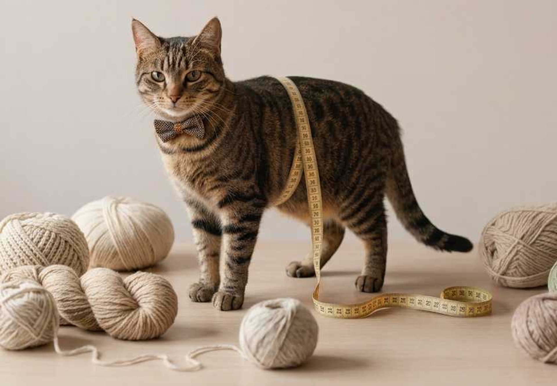 Gato atigrado con moño y cinta metrica en su lomo con estambres de fondo