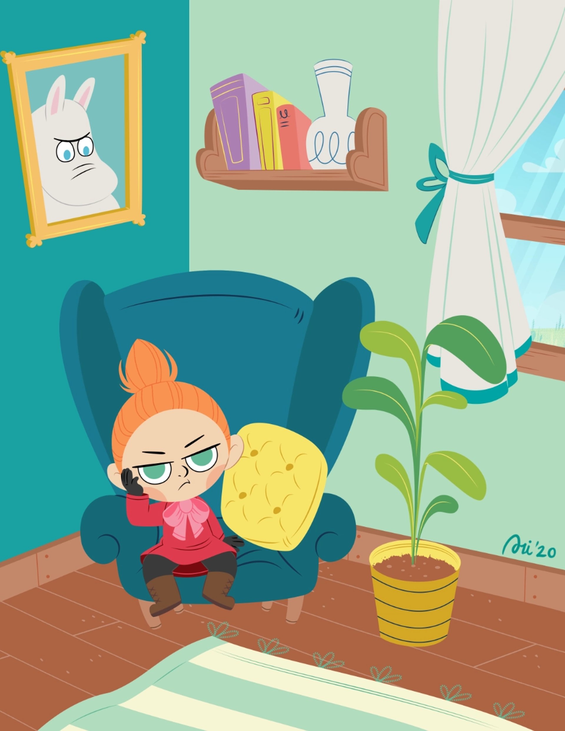 niña sentada en un sofa aburrida en colores verde y azul