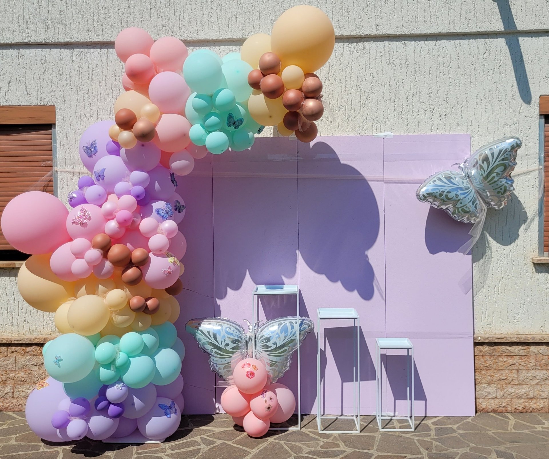 white, blue, and purple balloons
