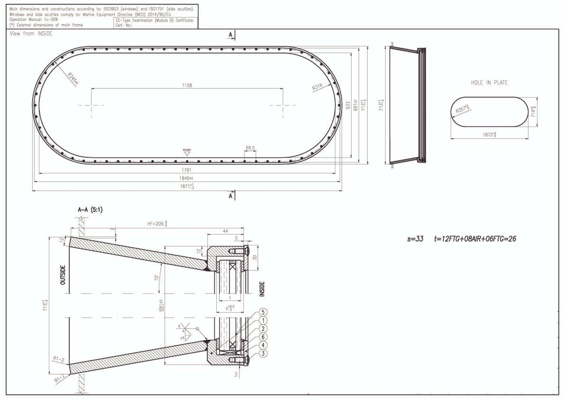 Gedetailleerde technische tekening van een van onze grote langwerpige stalen patrijspoorten (1800x600mm) voor scheepsbouw