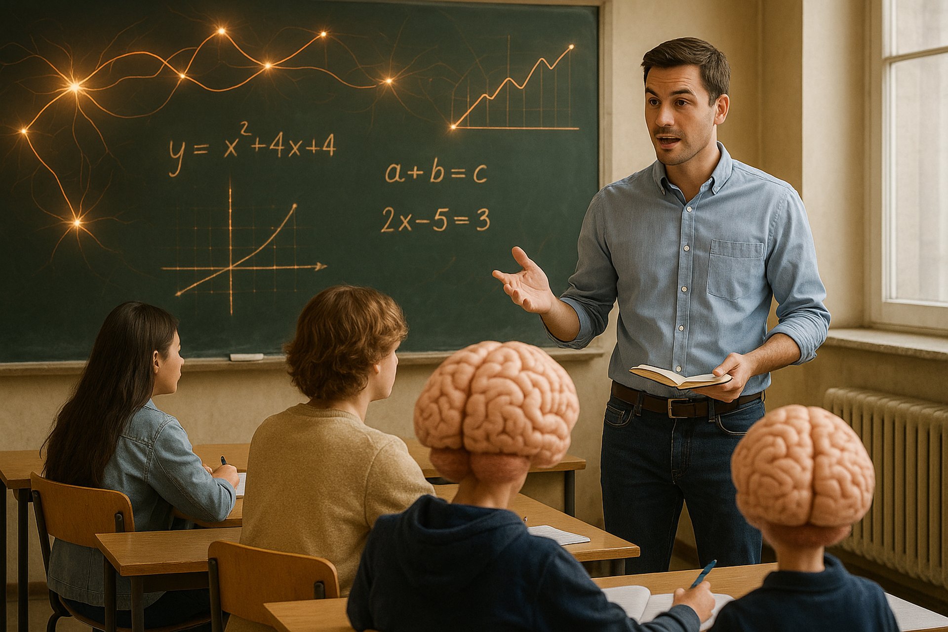 Young boy in suit writing math equations on blackboard.