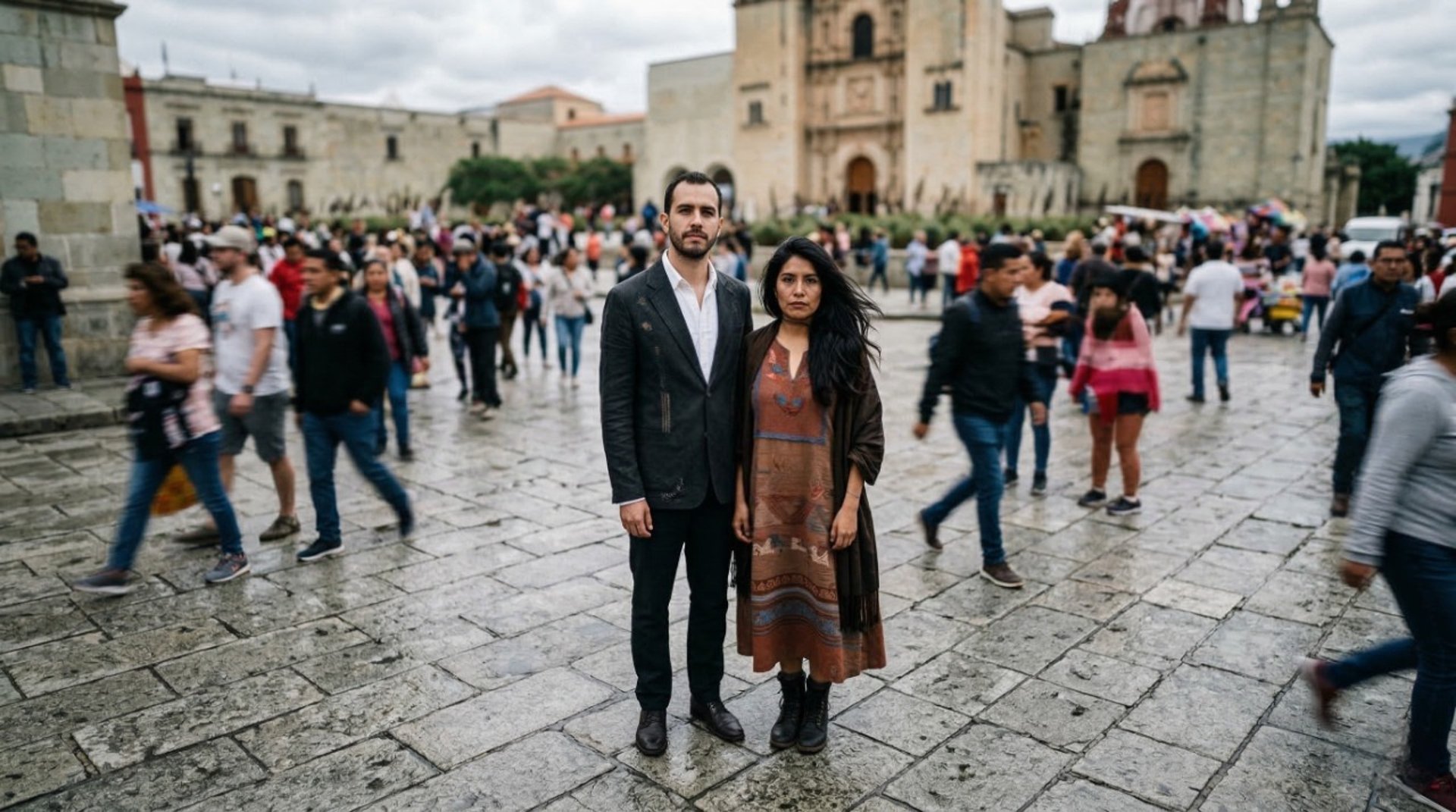Retrato de un hombre y una mujer de pie juntos en una bulliciosa plaza de la ciudad de Oaxaca, con una iglesia histórica