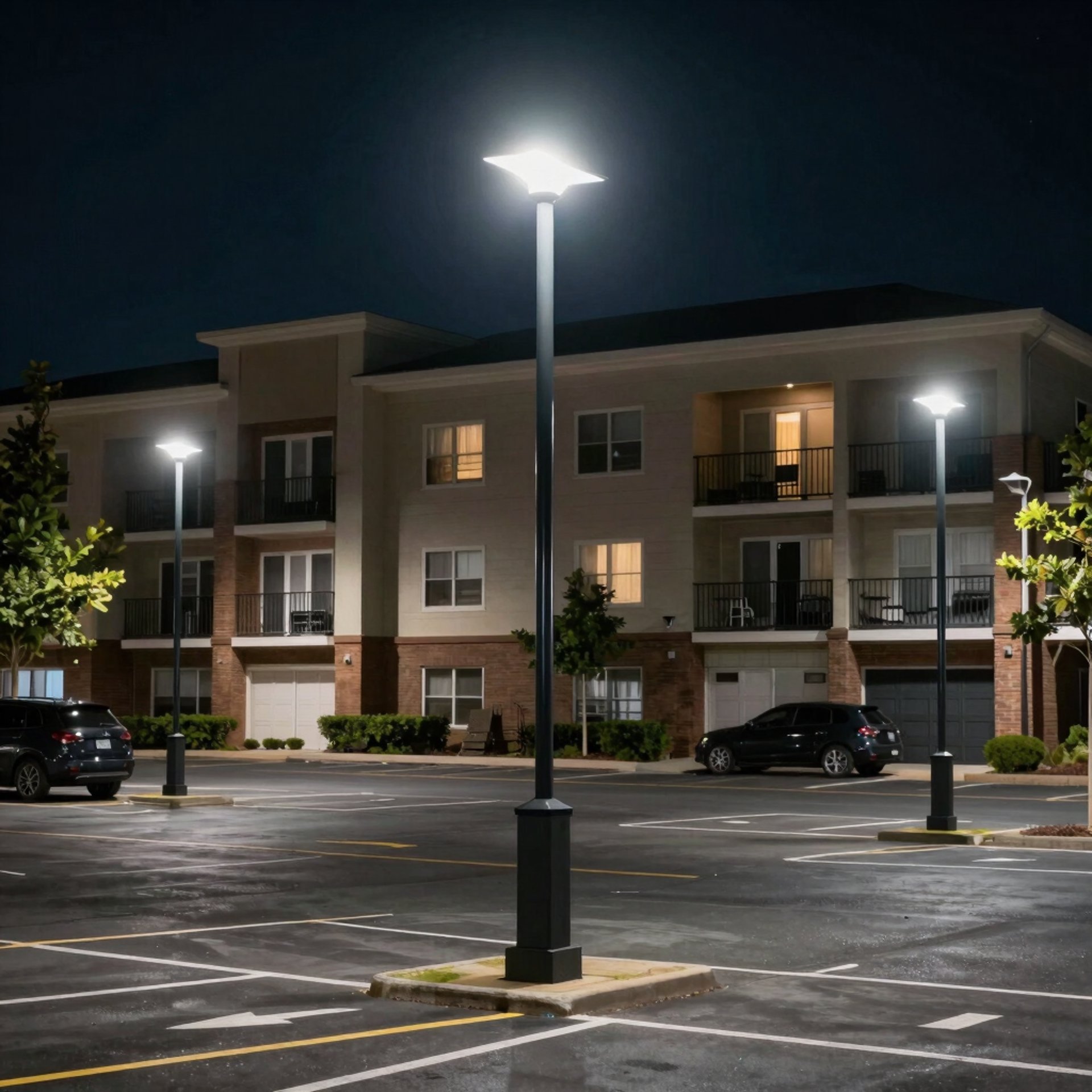 Car parked under a streetlamp at night
