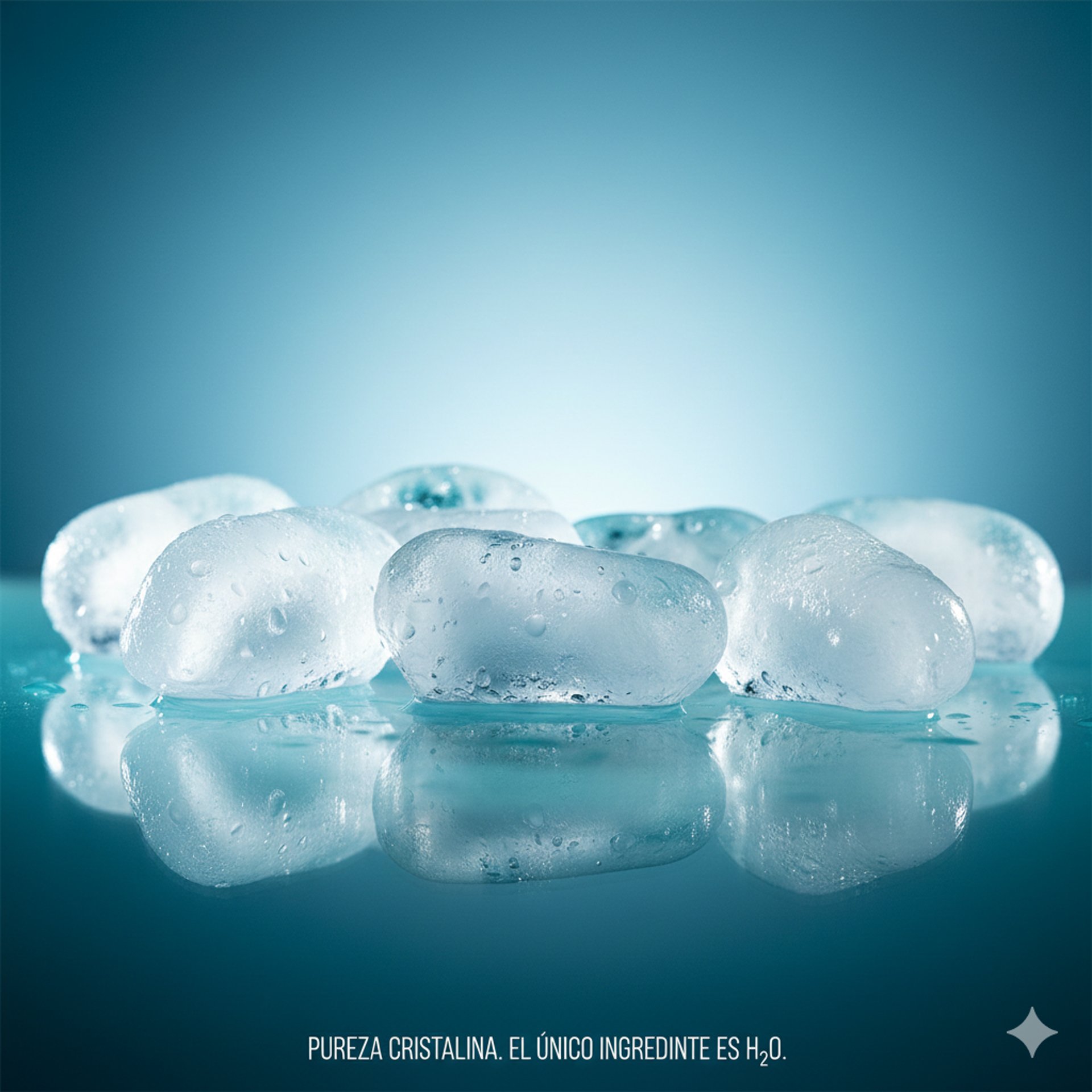 A pile of clear ice cubes with blue tint