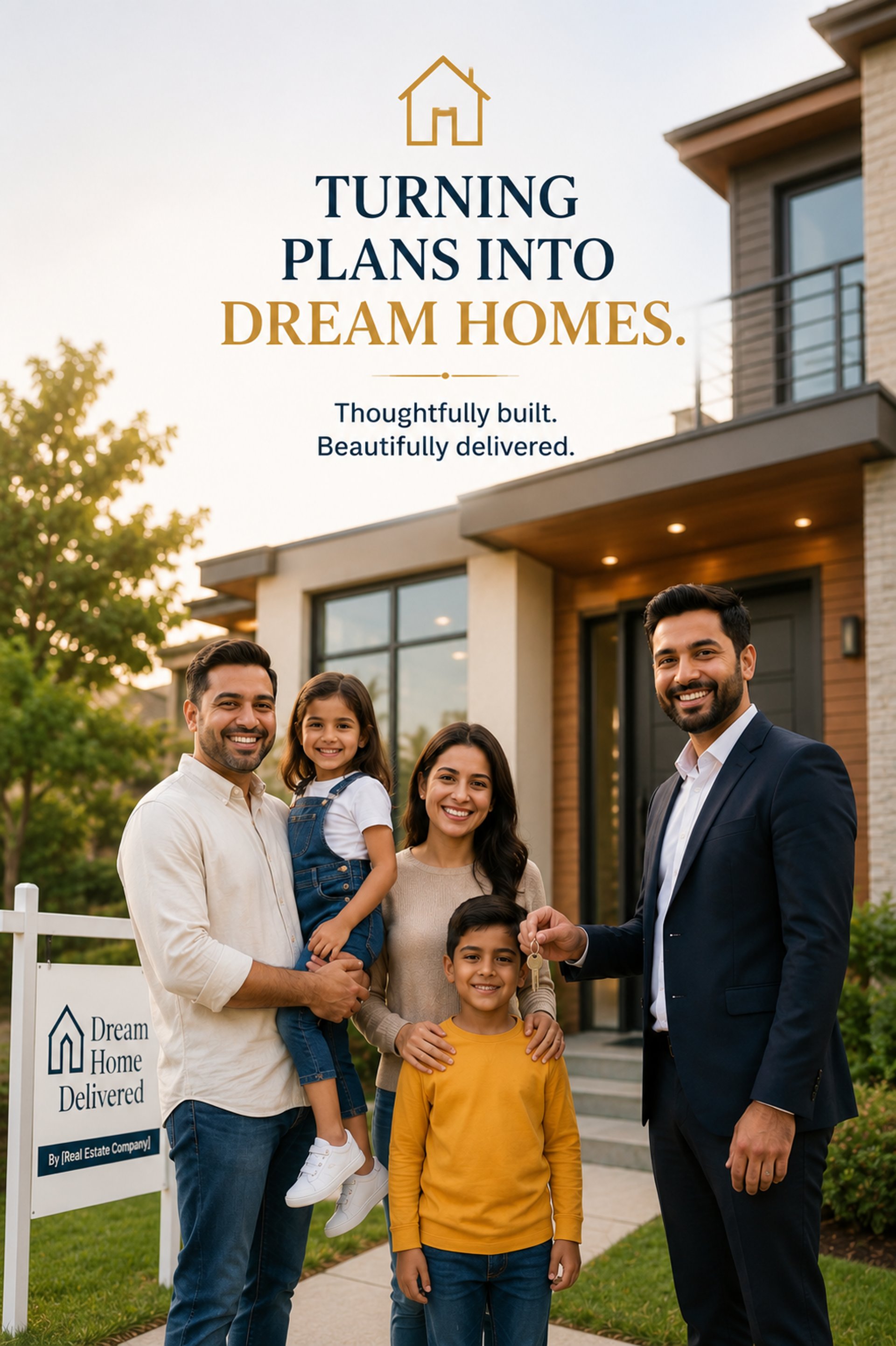 Wooden family figures and house with keys on table.
