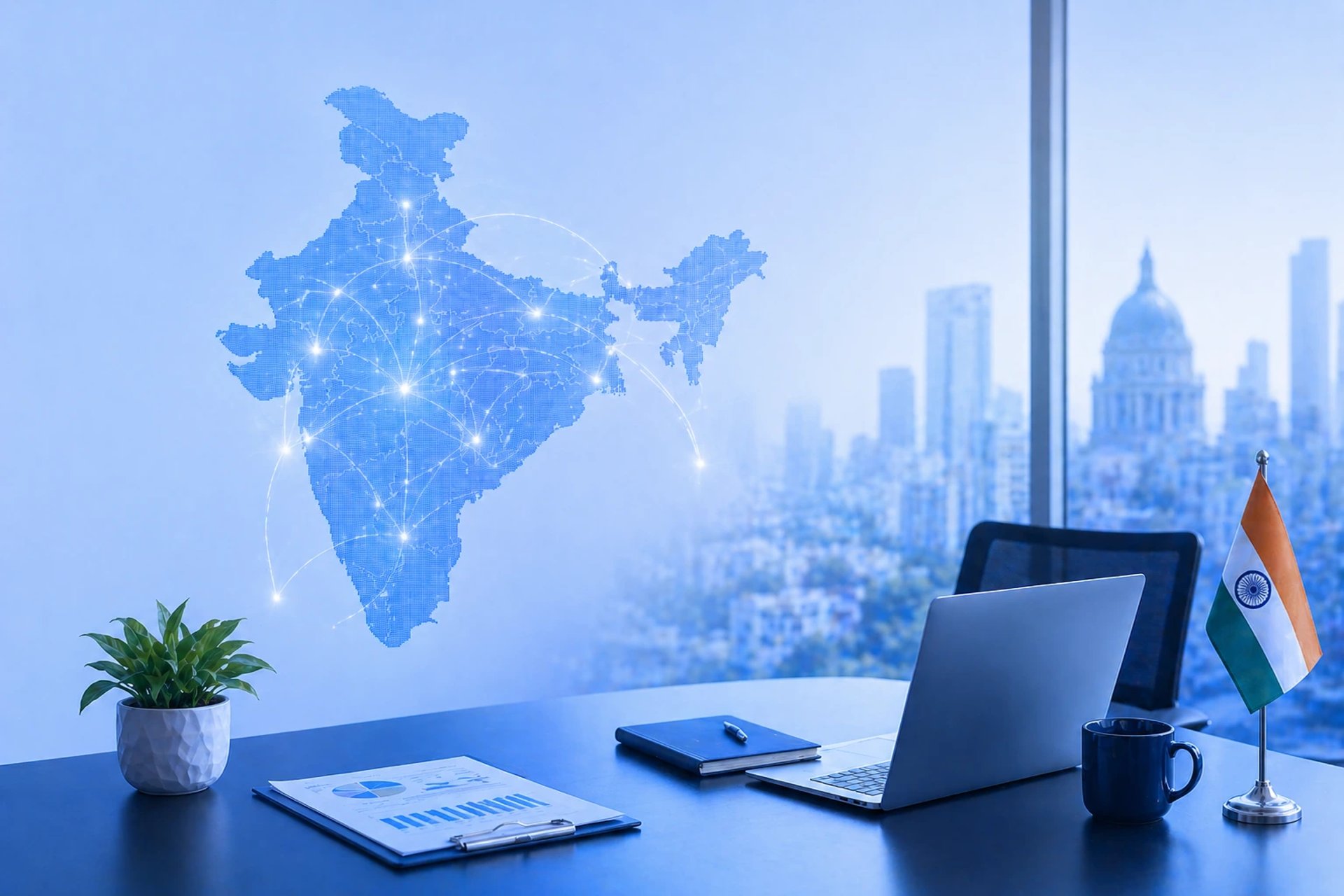 Workspace with India map showing business growth opportunities for Indian companies