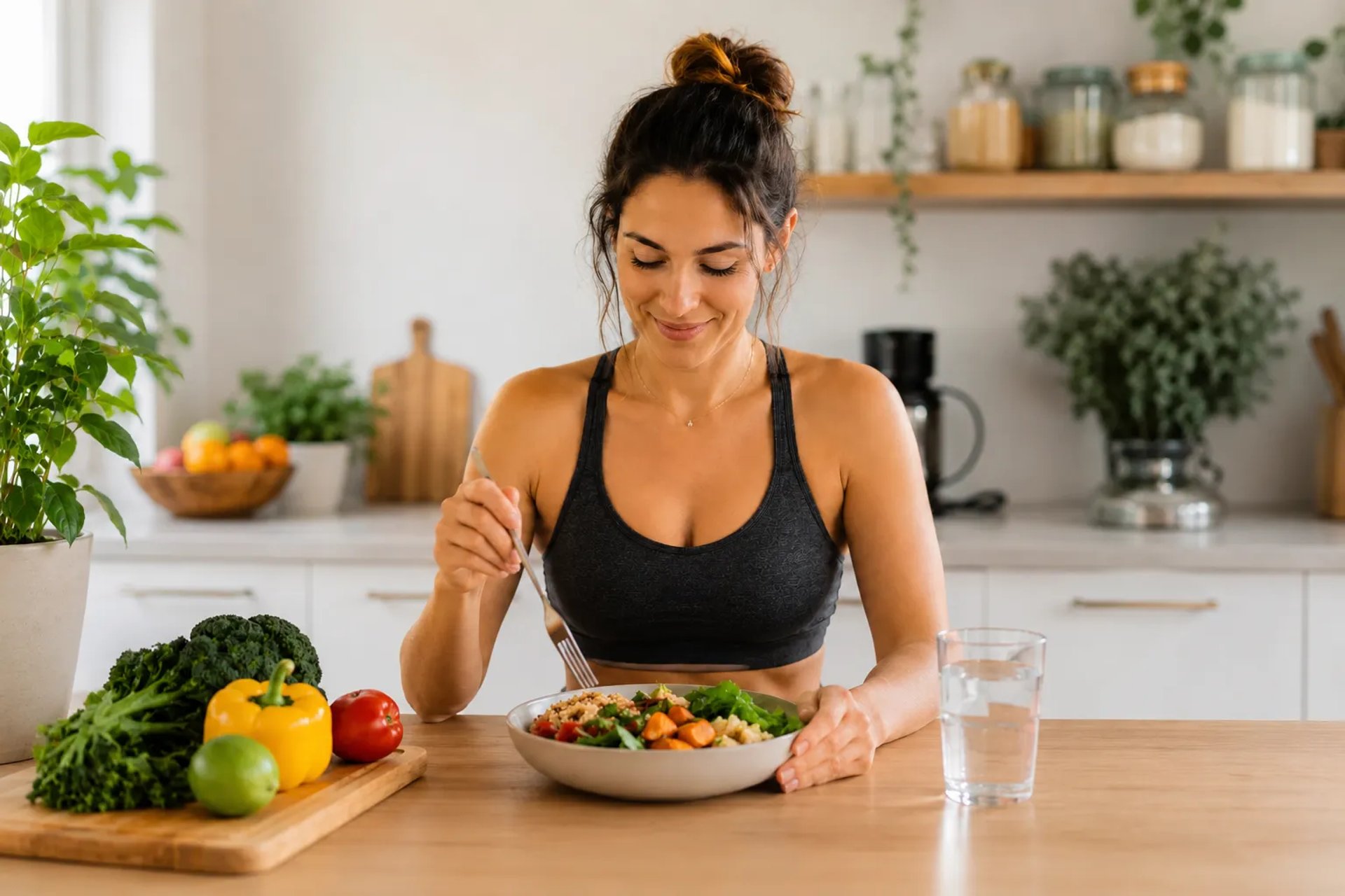 Femme souriante mangeant un repas équilibré dans une cuisine lumineuse avec des légumes frais.