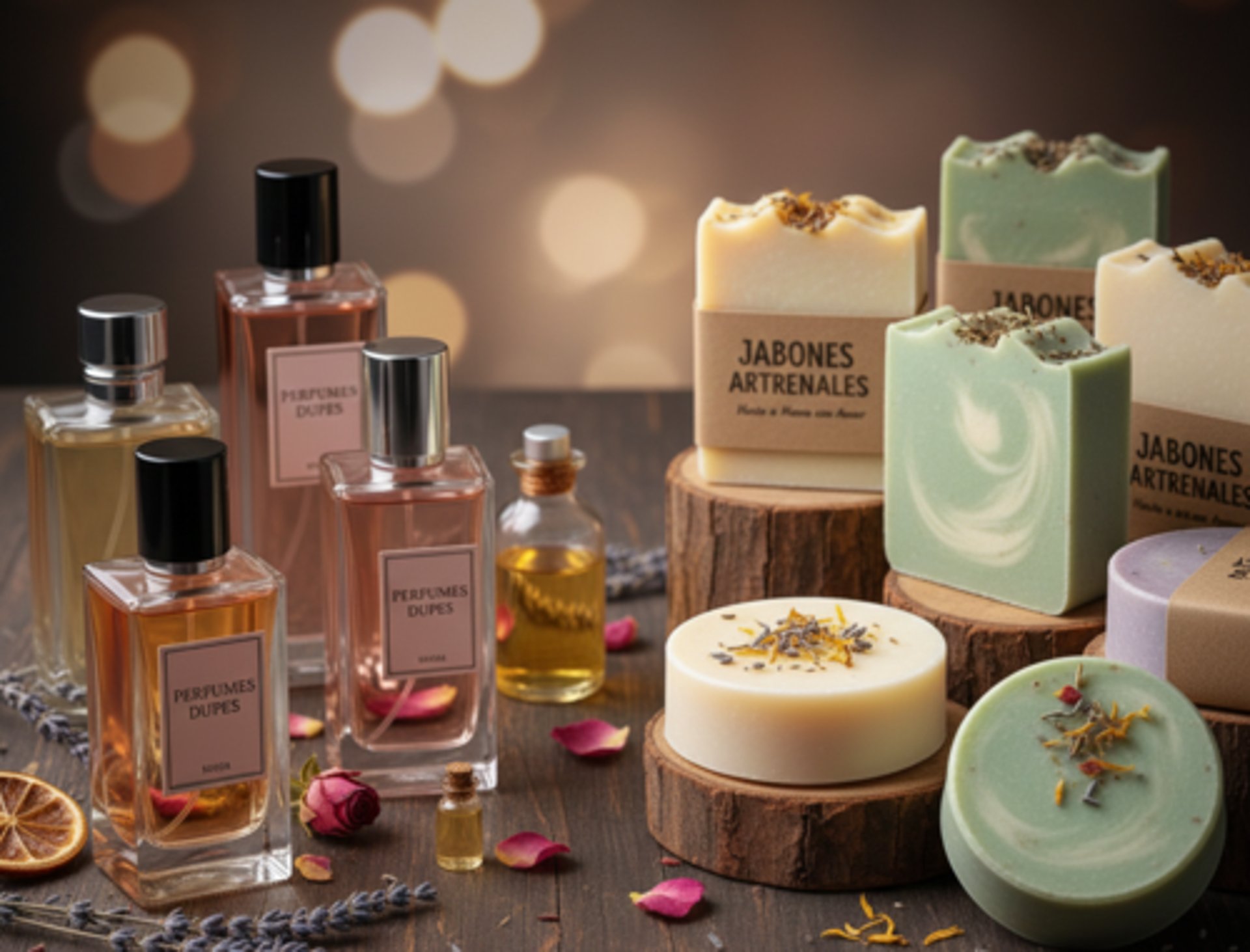 Perfumes dupes, esencias y jabones artesanales sobre una mesa